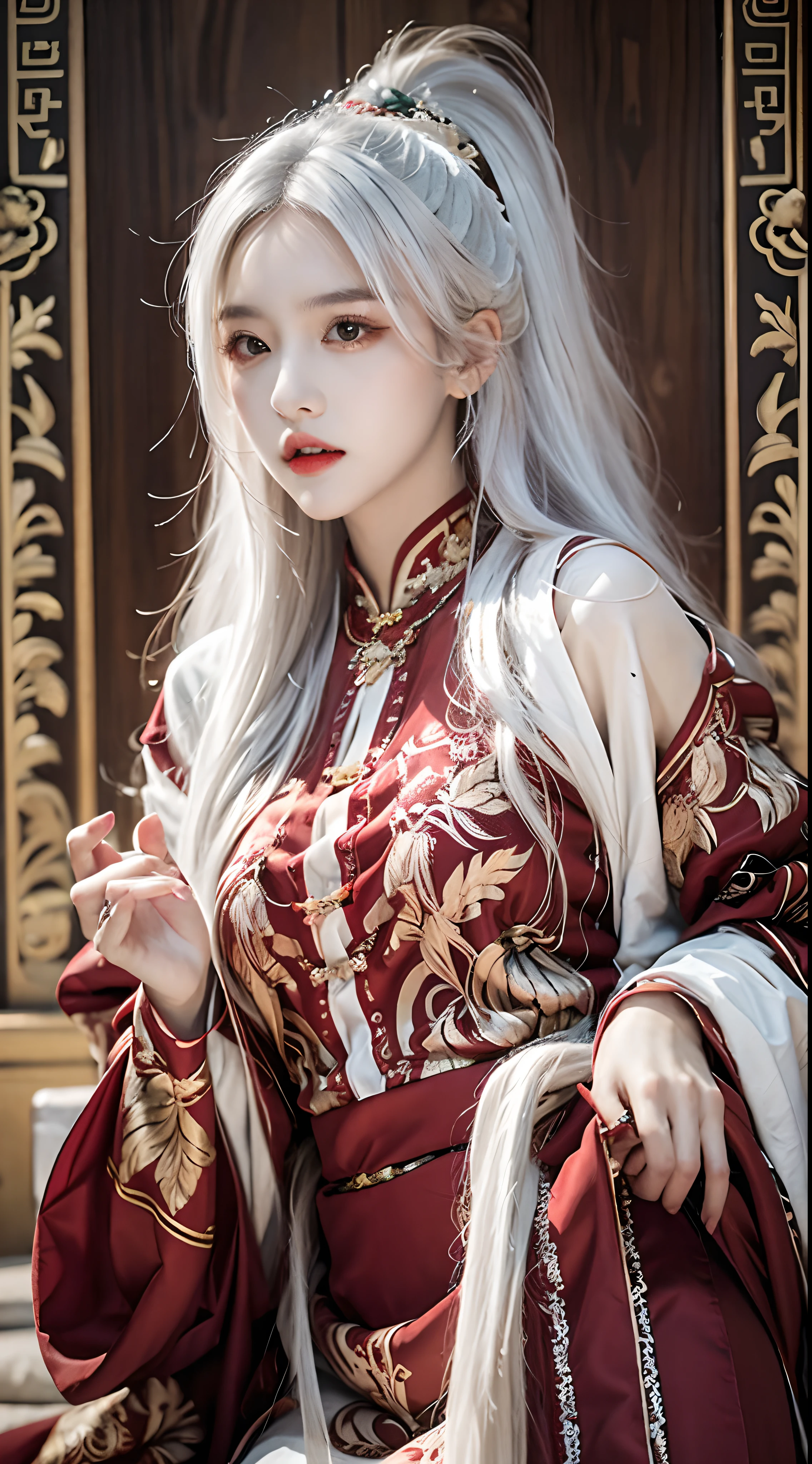 photorealistic, high resolution, soft light,1women, solo, hips up, (detailed face), jewelry, hanfu, white hair
