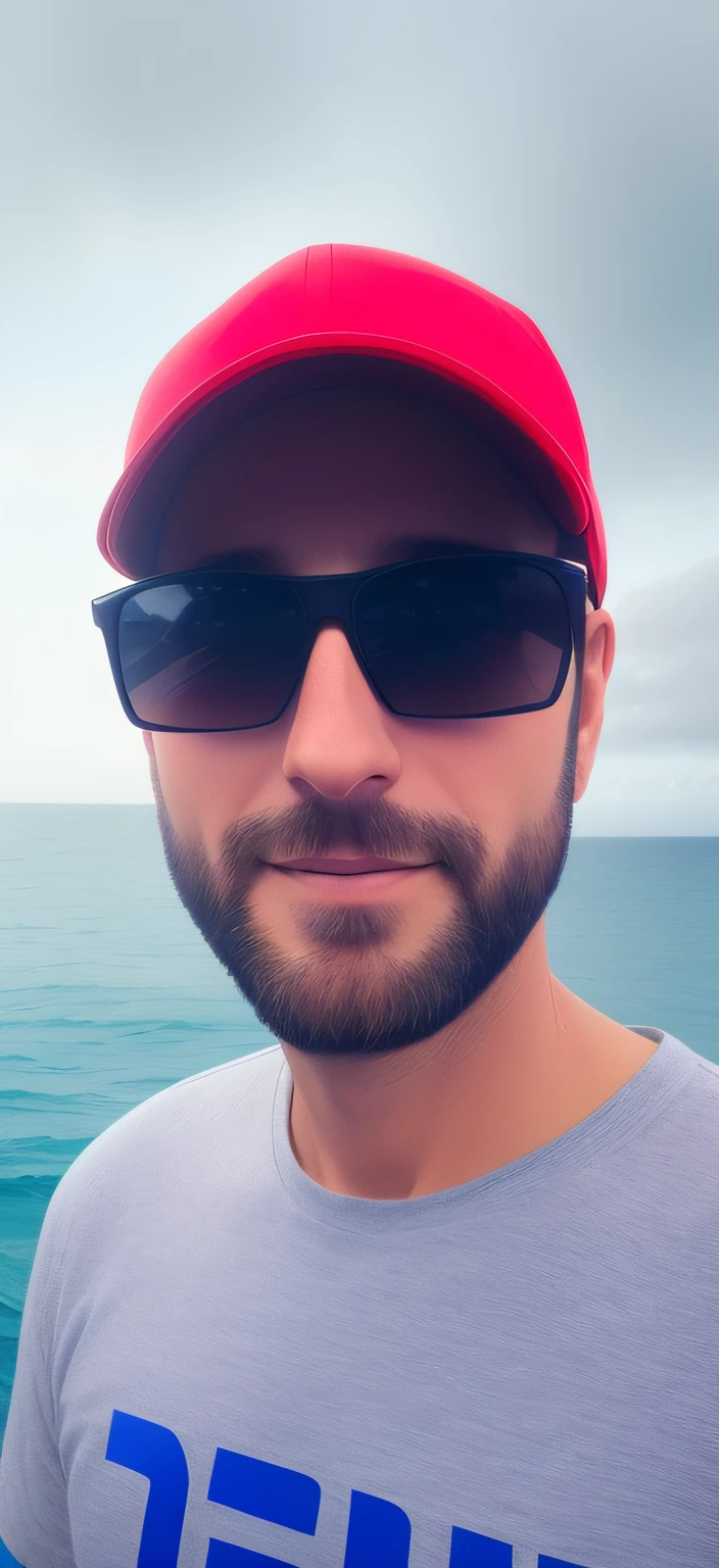 there is a man wearing a red hat and sunglasses standing in front of the ocean, blue ocean in the background, 8k selfie photograph, the ocean in the background, headshot profile picture, 3 , wearing sunglasses and a cap, 3 6 years oldst, on the ocean, portait photo profile picture, professional profile picture, realistic face