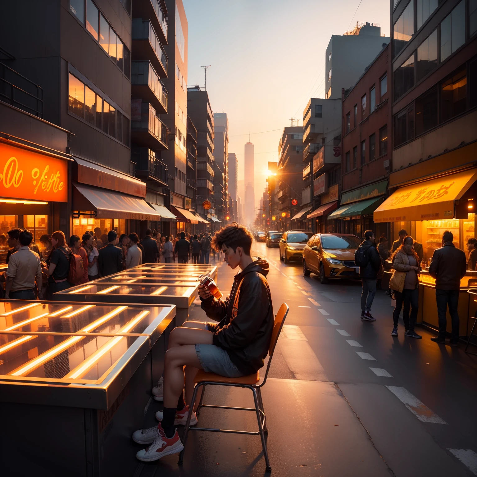 (best quality,highres:1.2),vibrant city street at sunset,buildings illuminated by warm sunlight,lone teenager drinking alcohol,sitting on rooftop,gazing silently towards the distance,urban hustle and bustle,glowing street lights,shadows cast by towering skyscrapers,hazy atmosphere,reflecting the vibrant energy of the city,lively and bustling crowd,magical golden hour,golden and orange hues,bustling traffic,flickering neon signs,dynamic and lively vibe.