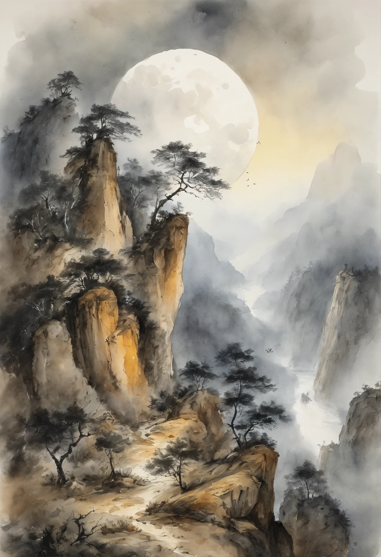 (Tang Feng),(A cliff illuminated by a huge moon),Ultra-long-range viewing angle,No Man,scenecy,the detail