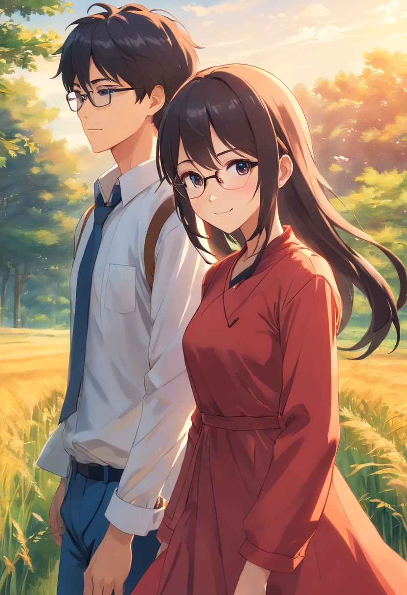 1girl and 1 boy, both 25 years old, light smile, shiny skin, the girl is wearing a beautiful red gown and hijab and the the boy is wearing white shirt and glasses in eyes, best quality, masterpiece, walking in a musterd field holding hands (photorealistic:1.4)
