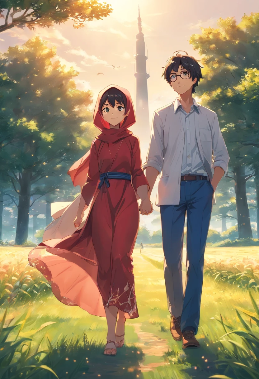 1girl and 1 boy, both 25 years old, light smile, shiny skin, the girl is wearing a beautiful red gown and hijab and the the boy is wearing white shirt and glasses in eyes, best quality, masterpiece, walking in a musterd field holding hands (photorealistic:1.4)