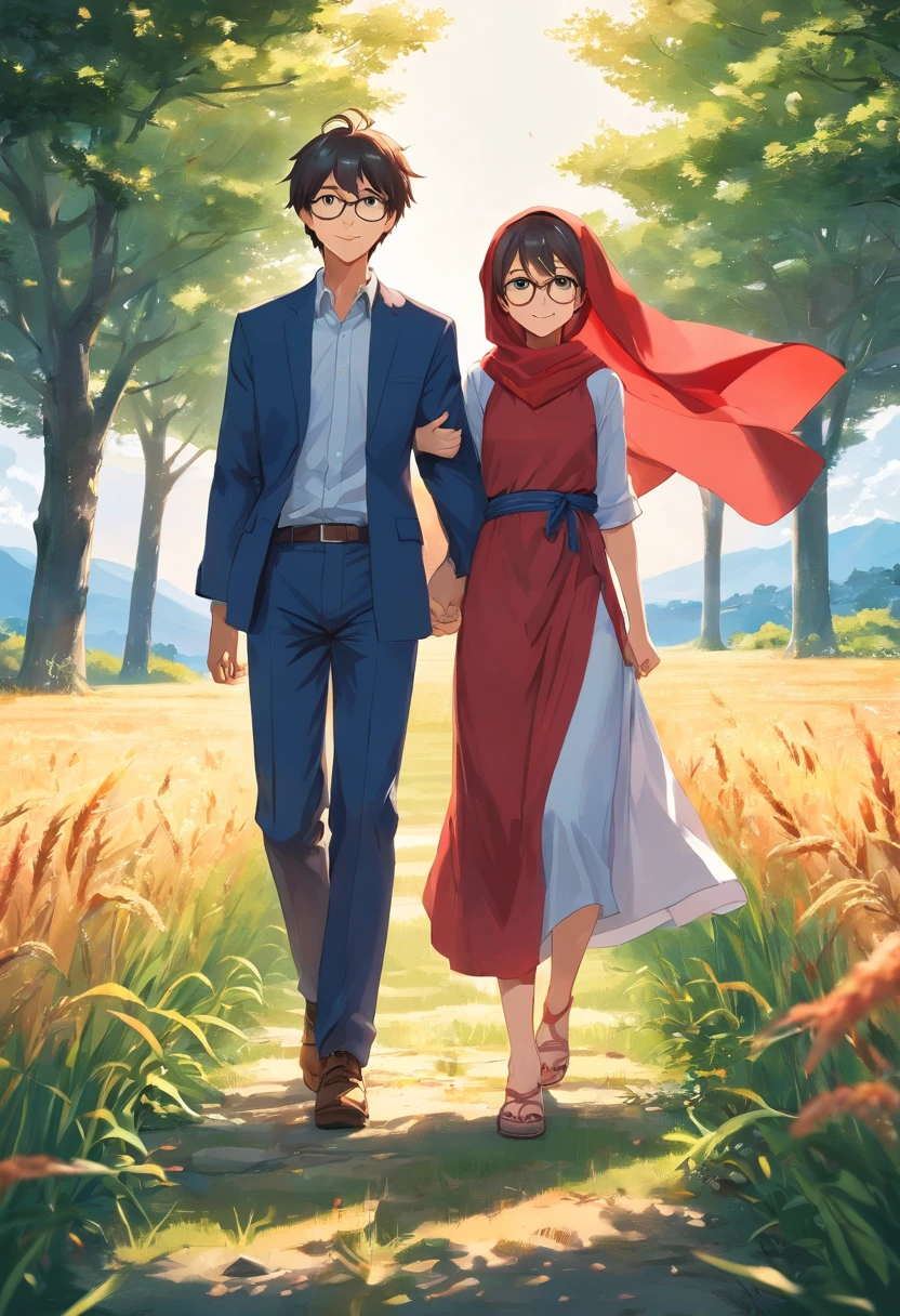 1girl and 1 boy, both 25 years old, light smile, shiny skin, the girl is wearing a beautiful red gown and hijab and the the boy is wearing white shirt and glasses in eyes, best quality, masterpiece, walking in a musterd field holding hands (photorealistic:1.4)