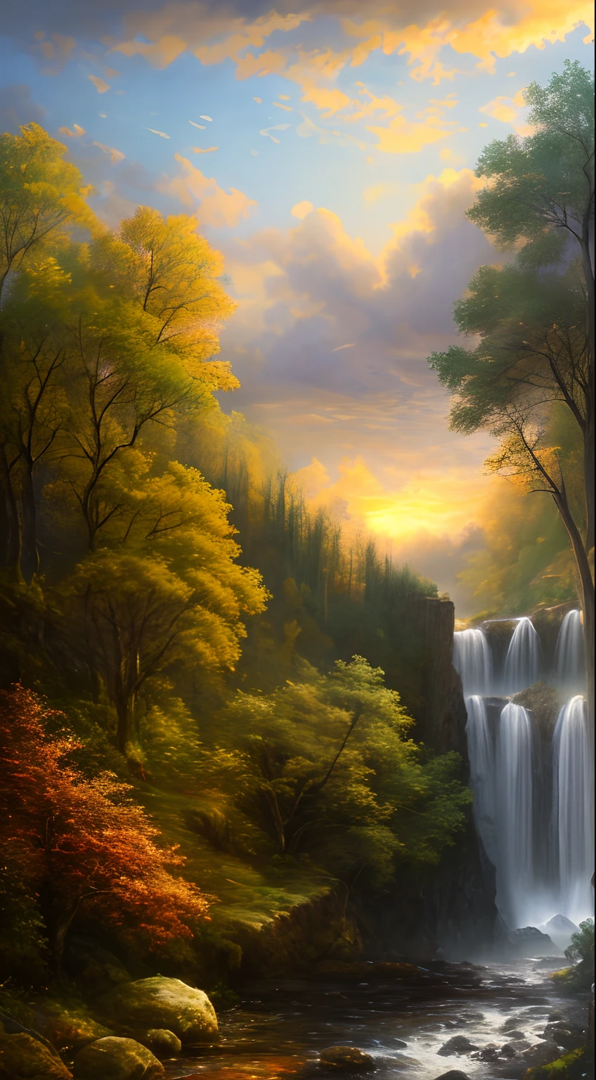 Masterpiece, best quality, high quality, extremely detailed CG 8k wallpaper unit, charming dream scene of dream forest, imposing trees, hidden fairy gorge, creating a mysterious and charming feel, artstation, digital illustration, complex, trend, pastel colors, oil painting, award-winning photography, bokeh, depth of field, HDR, bloom, chromatic aberration, realism, very detailed, artstation trend, CGsociety trend, complex, high detail, dramatic, dark art, clouds, sun, waterfalls, John Constable Painter, horizontal painting,