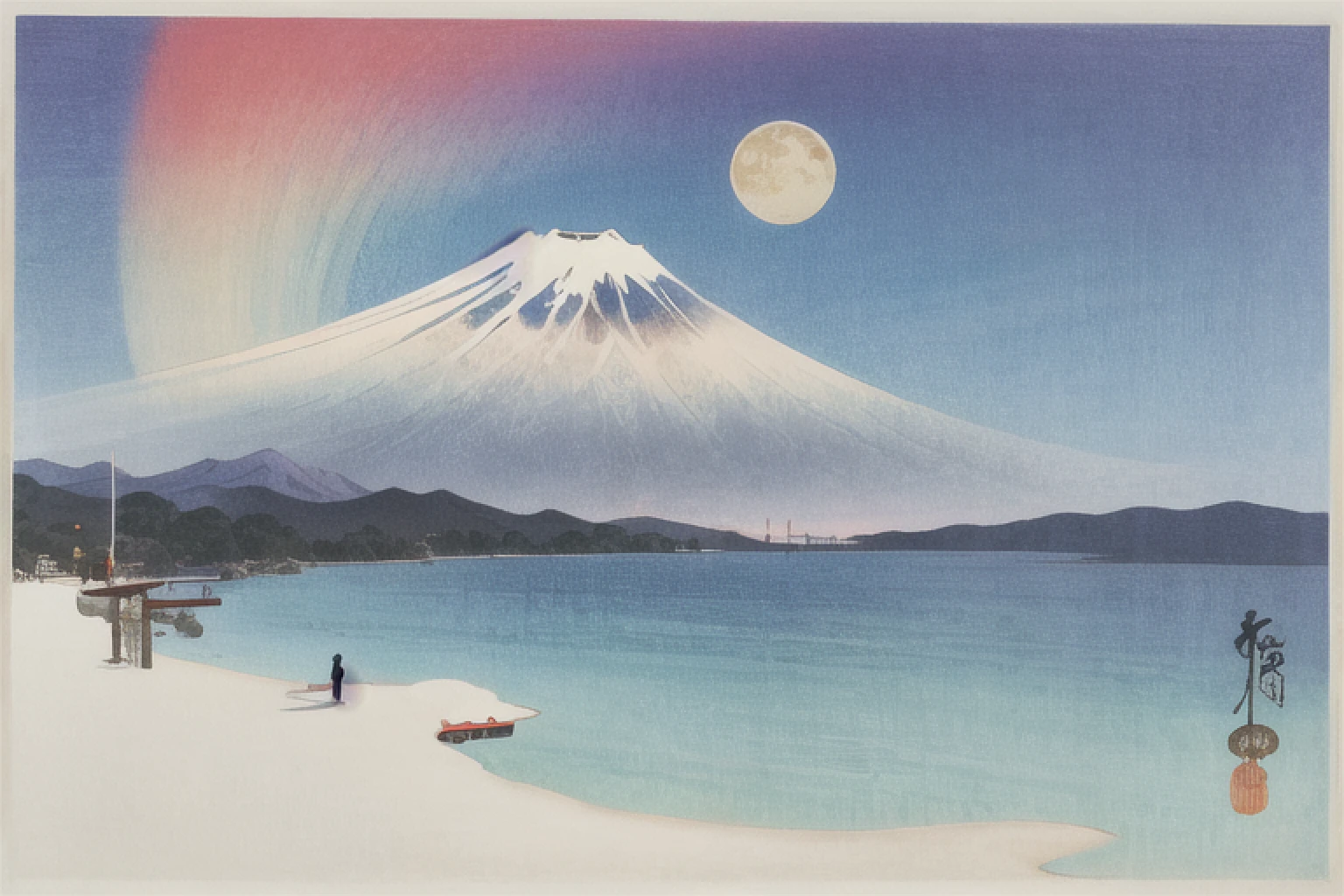 ohara koson, mount fuji, Snow Mountain, clear sky, moon, traditional media, ukiyo-e