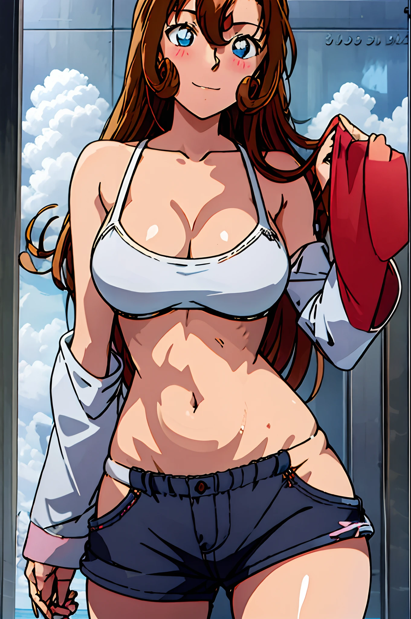 ((masterpiece)),((best quality)),ultra-detailed,illustration,1girl, solo, brown hair, long hair, flower, pants, midriff, crop top, breasts, looking at viewer, cleavage, brown eyes, beach, navel, medium breasts, bikini top, head tilt, knee up, closed mouth, bare shoulders, grey eyes, cloud, bangs, ,Beautiful body, Beautiful Nose, Beautiful character design, perfect eyes, perfect face, alluring, wallpaper, perfect lighting, Colorful, ultra highres,4K,photography, (medium breasts:1.2),(beautiful face:1.2),(narrow waist), shiny skin, anime screencap ,from below, mature female, full body, meitantei conan, standing, ((milf)), 37 years old