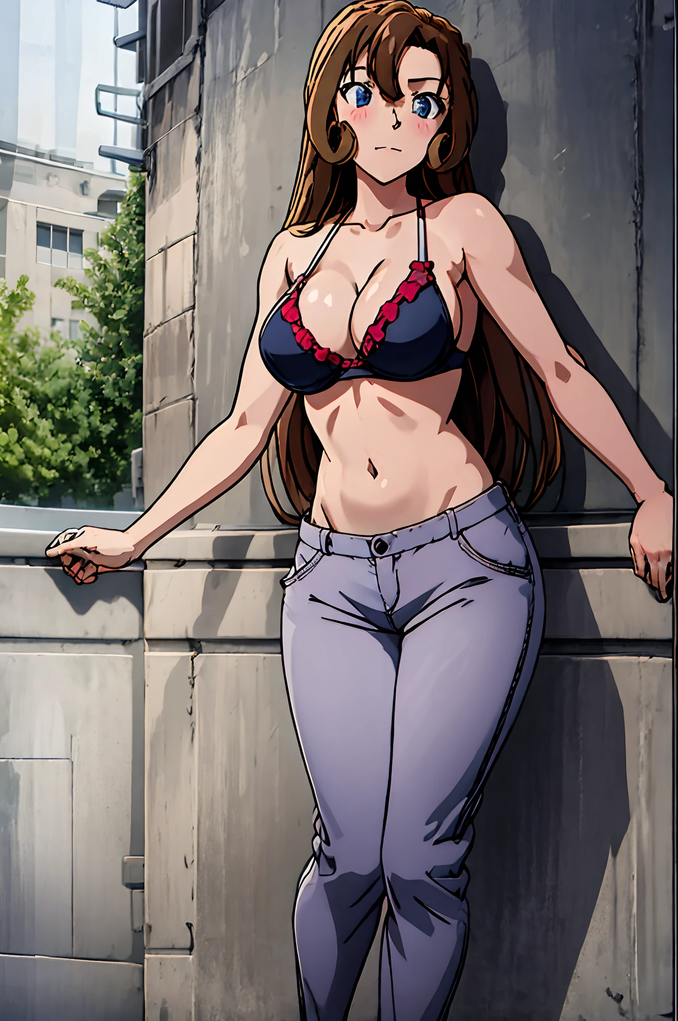 ((masterpiece)),((best quality)),ultra-detailed,illustration,1girl, solo, brown hair, long hair, flower, pants, midriff, crop top, breasts, looking at viewer, cleavage, brown eyes, beach, navel, medium breasts, bikini top, head tilt, knee up, closed mouth, bare shoulders, grey eyes, cloud, bangs, ,Beautiful body, Beautiful Nose, Beautiful character design, perfect eyes, perfect face, alluring, wallpaper, perfect lighting, Colorful, ultra highres,4K,photography, (medium breasts:1.2),(beautiful face:1.2),(narrow waist), shiny skin, anime screencap ,from below, mature female, full body, meitantei conan, standing, ((milf)), 37 years old