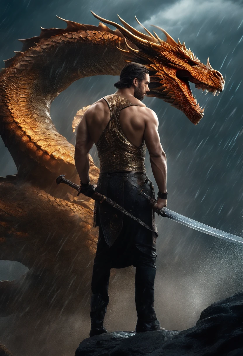 sci-fic ,mechanical, futuristic, masculine, realistic, 1 man holding sword, standing on top of a dragon, highly muscular, without beard, water droplets falling in the background