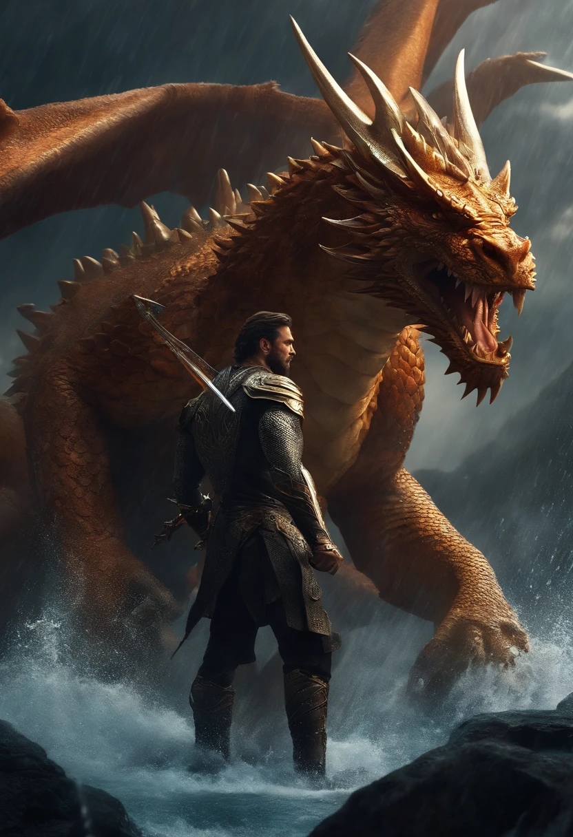 sci-fic ,mechanical, futuristic, masculine, realistic, 1 man holding sword, standing on top of a dragon, highly muscular, without beard, water droplets falling in the background