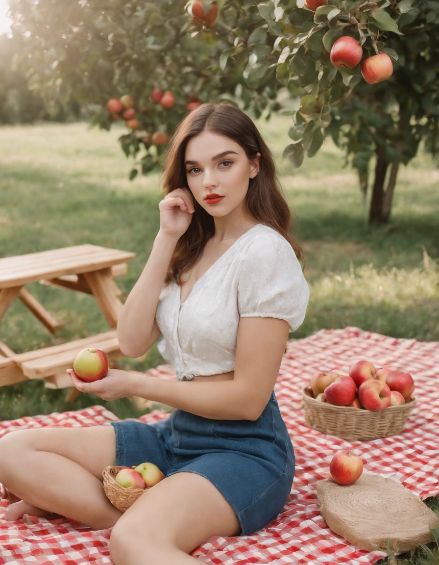 Arafida woman sitting on a box in an apple orchard, pernas suculentas, standing in an apple orchard, red apples, modelo muito bonito, modelo bonito, Metart, Anna Nikonova aka Newmilky, no campo, red apple, , with apple, beautiful legs, Pouco quente, pele vermelha lisa, modelo bonito girl, jovem amouranth bonito