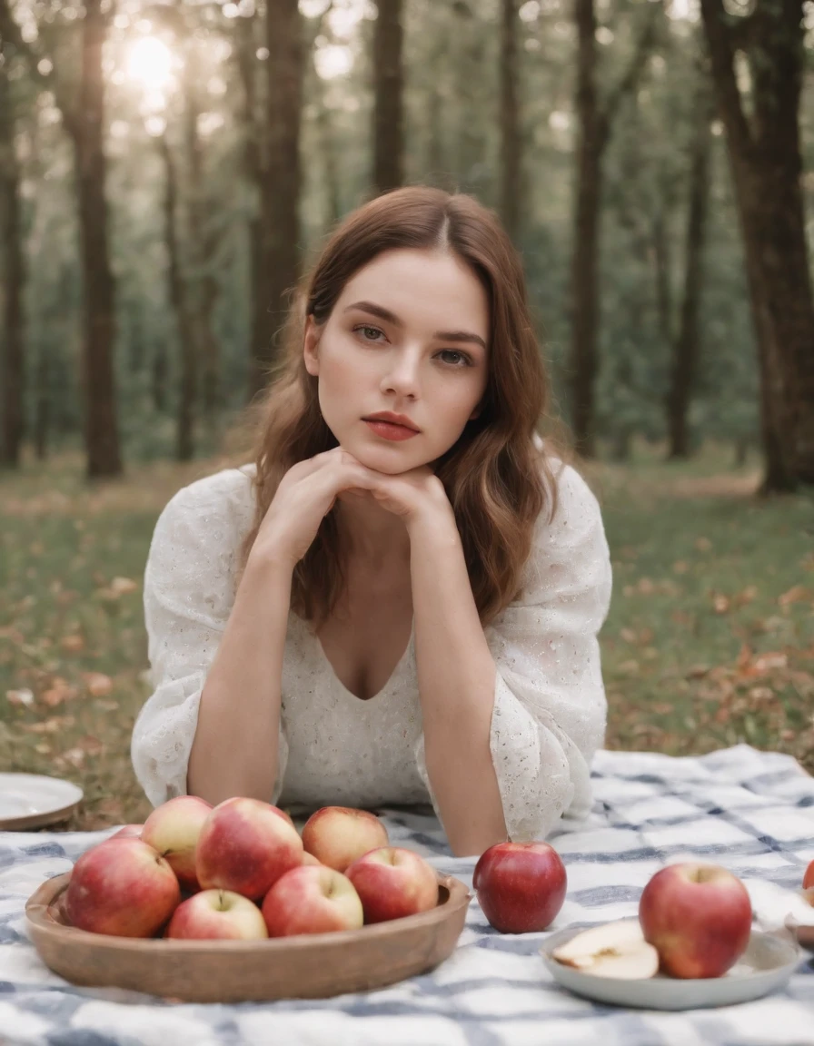girl on a picnic blanket with apples and picnic tables, in the style of surreal fashion photography, white and gold, animated gifs, , photo taken with ektachrome, portraits, self-portraits, kawaii chic .
