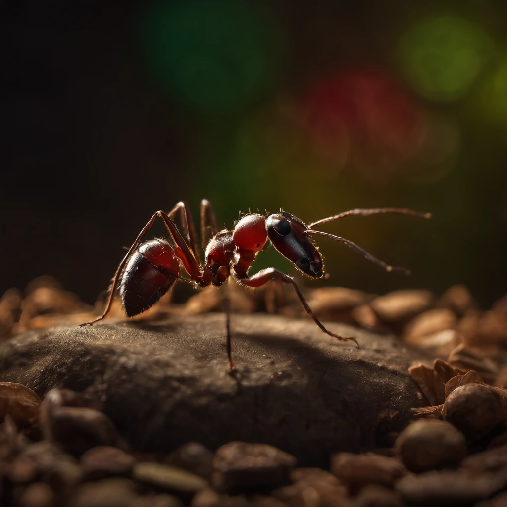 an ant in the Shiny Christmas night surrounded with colorful light and many Christmas gifts