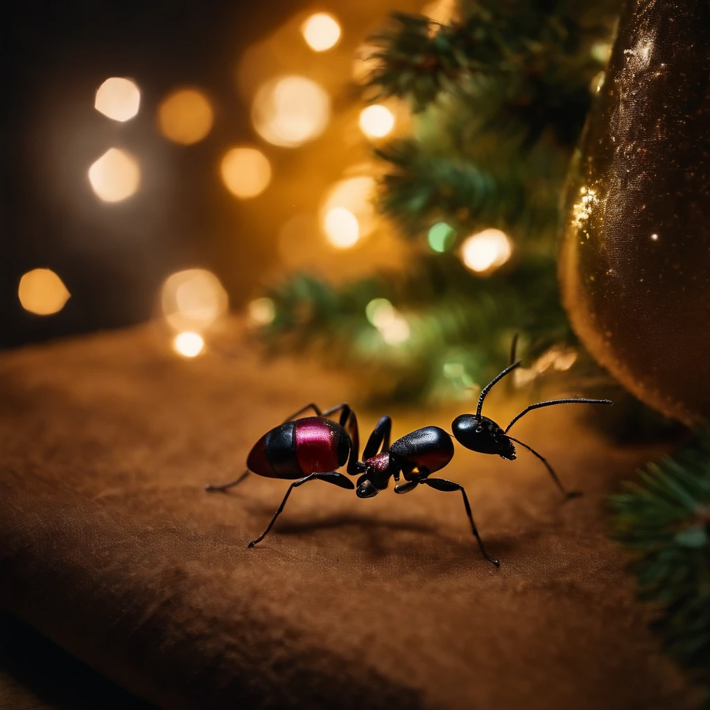 an ant in the Shiny Christmas night surrounded with colorful light and many Christmas gifts