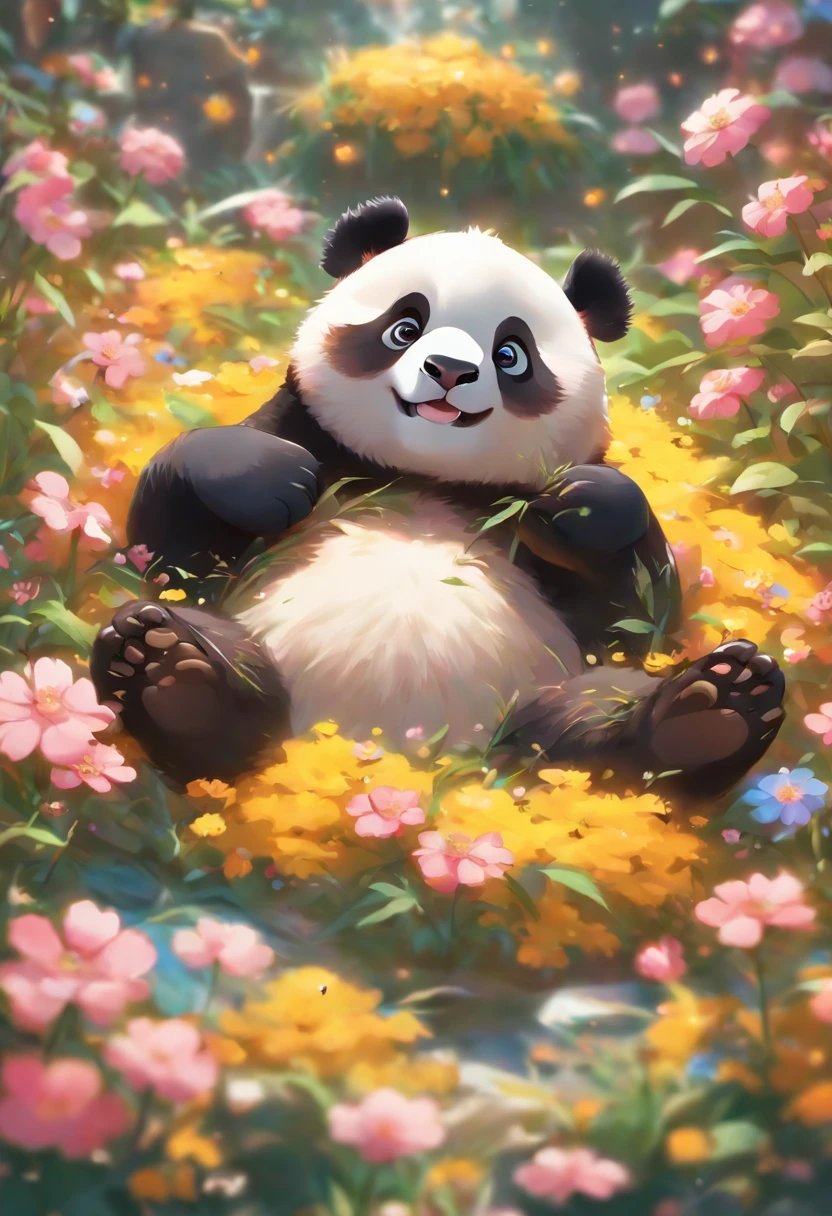 Cute panda lying on flowers,has large eyes,blusher,supine,greet,higly detailed