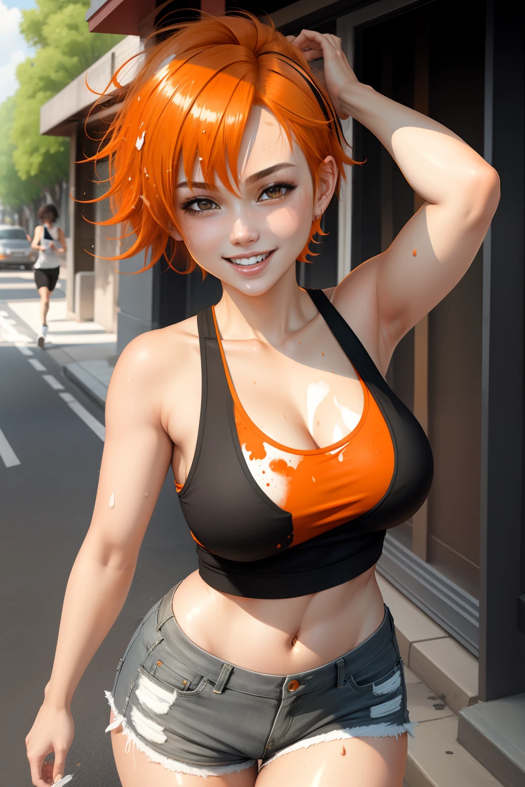 Top quality, masterpiece, 1 girl, ((shiny skin)), (orange hair), ((lively)), (splattered sweat), ((black tank top)), white shorts, mouth Open smile, cleavage visible, vertical navel visible, thighs, running around town, ((short cut hair)), ((normal breasts)),