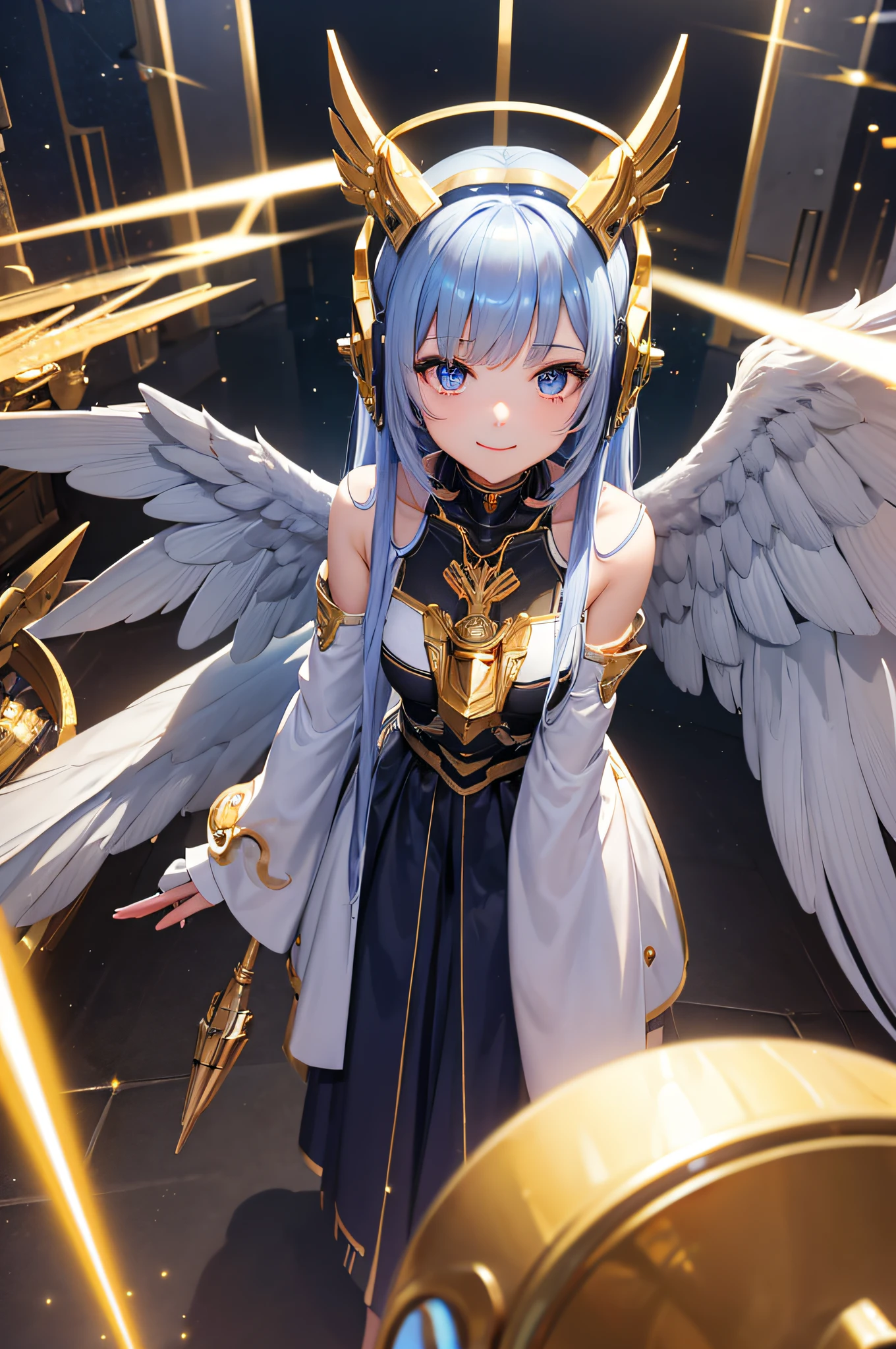 Masterpiece,(best qualtiy),highly detailed,Ultra-detailed,1girll,(Mechanical wings:Golden,glowing light eyes:Blue,Gold armor:1.2,thin long ears:0.8),(cyber punk city:1.5,arma:Energy Blade),(Fantasy landscape:1.2,Natural lighting:1.5,self-confident expression),(in a panoramic view:1.2),Mecha, Smile,Angle,Angels, Wings,gold,primitive,Close up