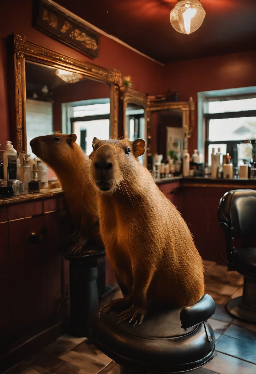((Man semi-capybara barber in his salon:1.2),Waiting for your customers)