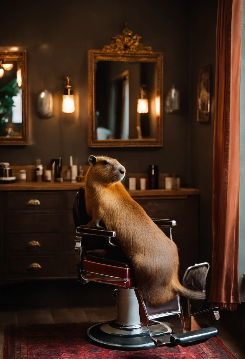 ((Man semi-capybara barber in his salon:1.2),Waiting for your customers)
