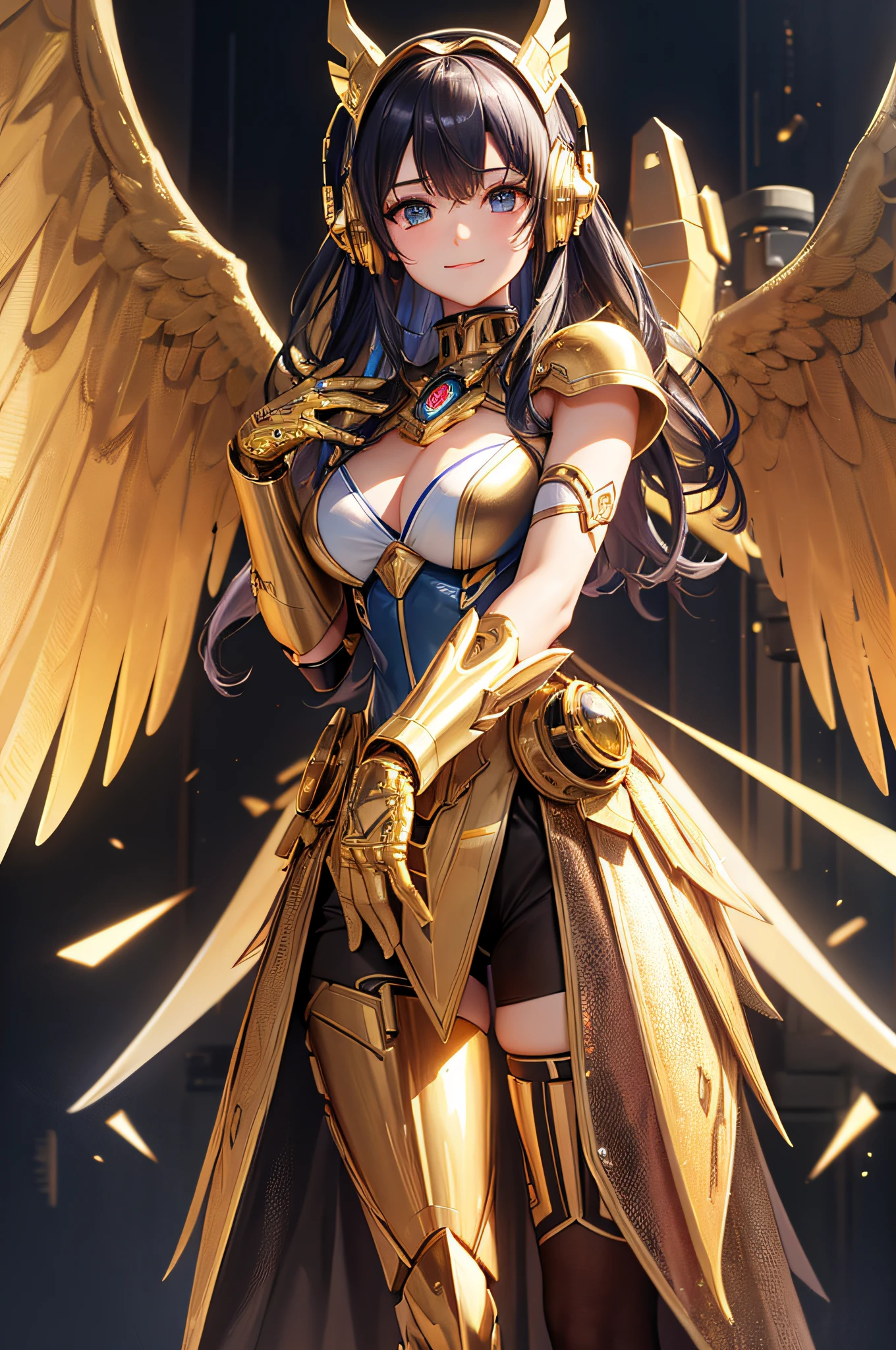 Masterpiece,(best qualtiy),highly detailed,Ultra-detailed,1girll,(Mechanical wings:Golden,glowing light eyes:Blue,Gold armor:1.2,thin long ears:0.8),(cyber punk city:1.5,arma:Energy Blade),(Fantasy landscape:1.2,Natural lighting:1.5,self-confident expression),(in a panoramic view:1.2),Mecha, Smile,Angle,Angels, Wings,gold,primitive,Close up