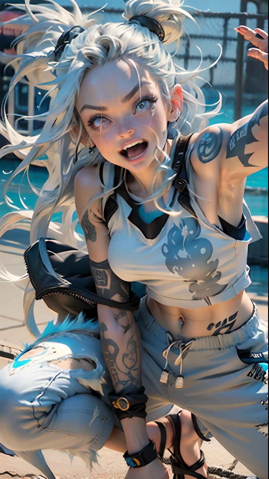 Hifh detail girl, with cancer zodiac sign tattoo, slim body, with a loose top, long silver hair with skyblue neon streaks , eyeballs blue eyes, a fluffy tail, dynamic fight pose, big sized white jogging pants, loose tiny and short clothes with open jacket, small body, stretching, happy face with open mouth with fangs, under water background