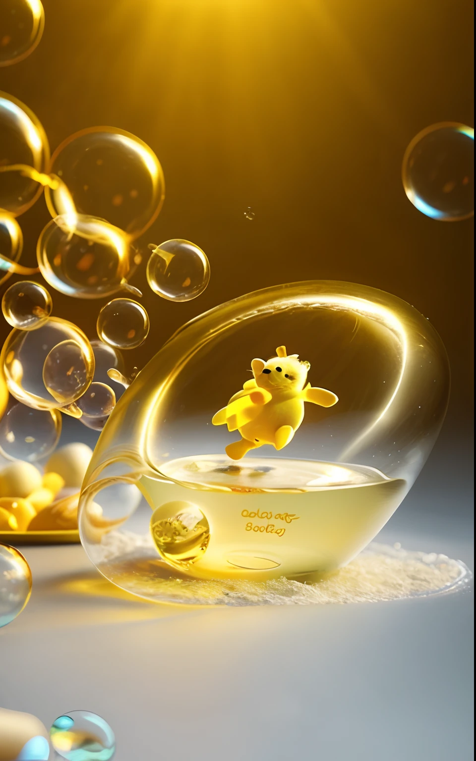Yellow alarm clock，It has a Winnie-the-Pooh design on it, Winnie the Pooh, warm and joyful atmosphere, foamy, Bubble, full - view, water bubbles, bubbling skin, Yellow, alternate angle, Detailed picture, By Disney, amber, close up portrait shot, nano, cute design, low  angle shot, Group photo, low  angle shot, closeup - view, noon，dream magical，alice in the wonderland