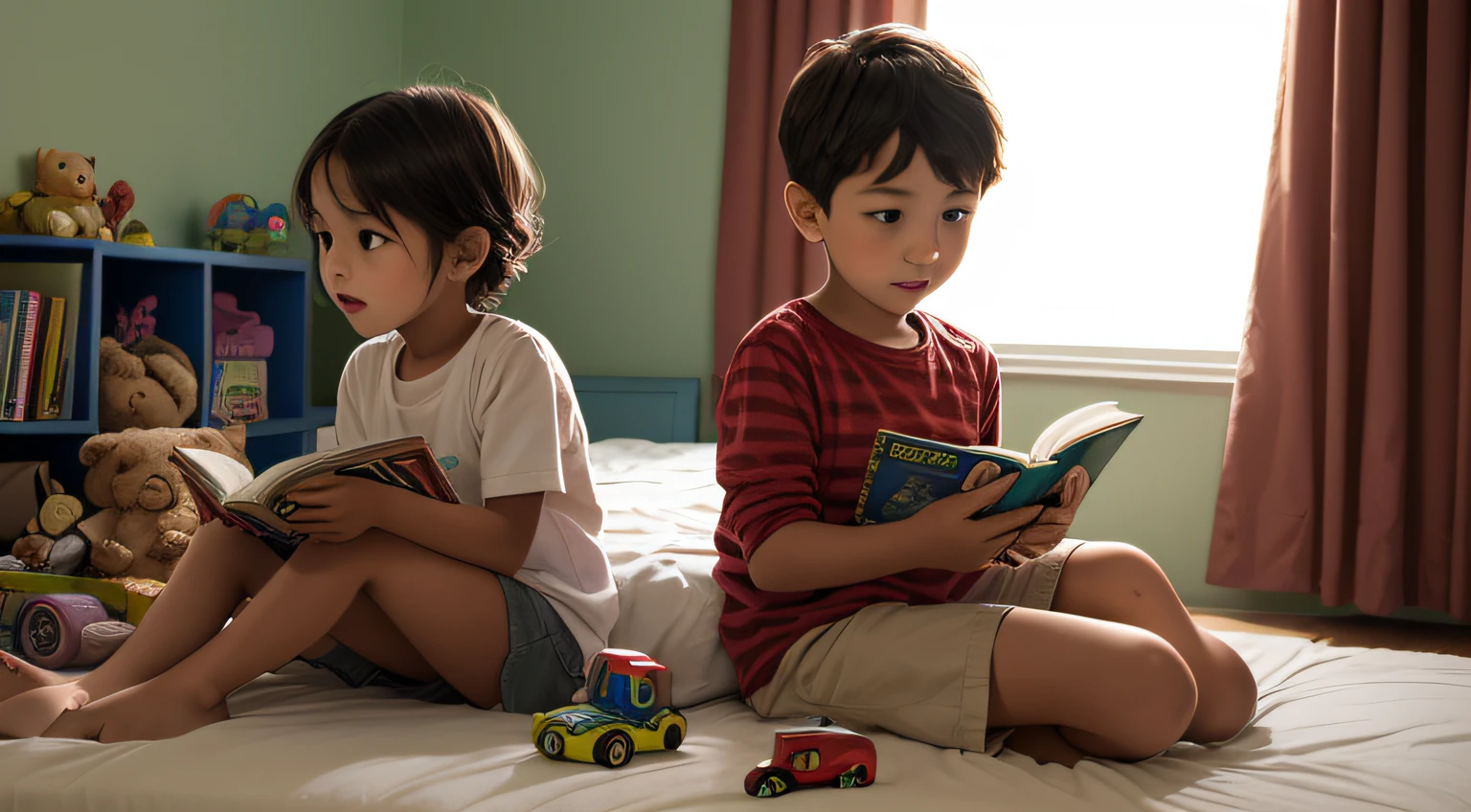 A young boy and a young girl are sitting on a bed with some toys, books and a picture of a girl
