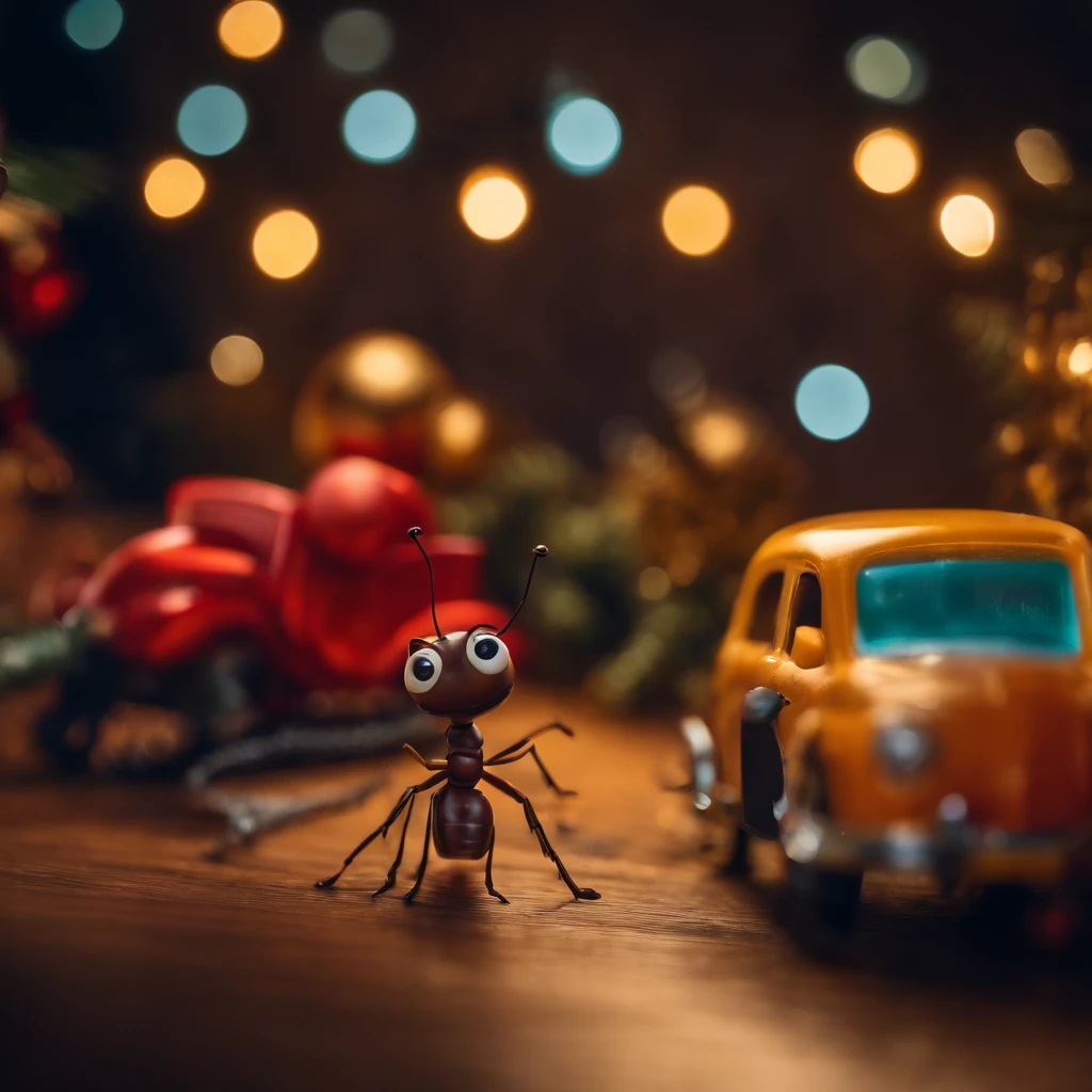an ant in the Shiny Christmas night surrounded with colorful light and many Christmas gifts