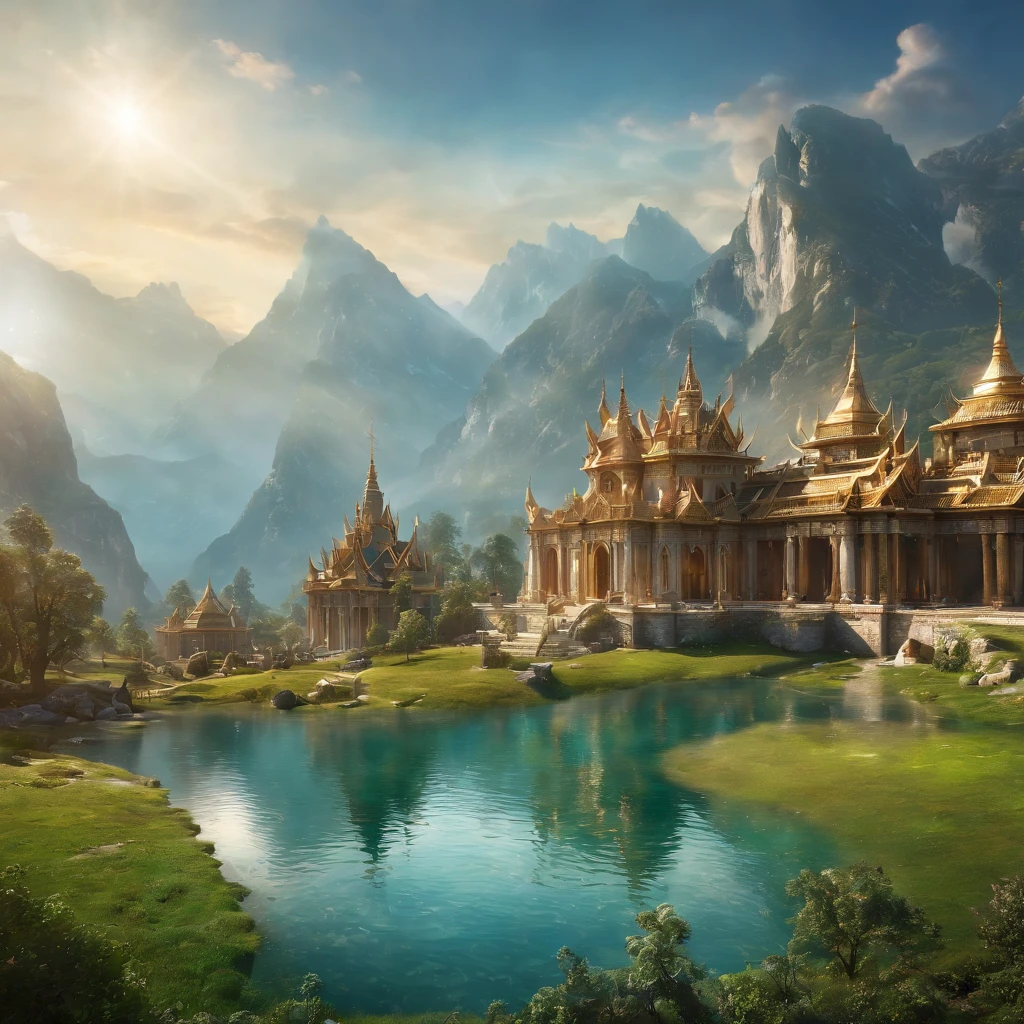 An ancient legend,mythical creatures,golden palace,shimmering emerald green grass,majestic mountains,floating islands,glimmering stars,noble knights,exquisite armor,courageous warriors,epic battles,magical swords,enchanted forest,spellbinding sorceress,,,celestial beings,celebration of victory,vivid colors,ethereal lighting,impressive details,(best quality,realistic:1.37),magical fantasy world,strong contrast,dramatic atmosphere.