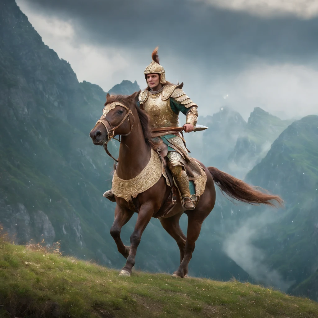 An ancient legend,mythical creatures,golden palace,shimmering emerald green grass,majestic mountains,floating islands,glimmering stars,noble knights,exquisite armor,courageous warriors,epic battles,magical swords,enchanted forest,spellbinding sorceress,,,celestial beings,celebration of victory,vivid colors,ethereal lighting,impressive details,(best quality,realistic:1.37),magical fantasy world,strong contrast,dramatic atmosphere.