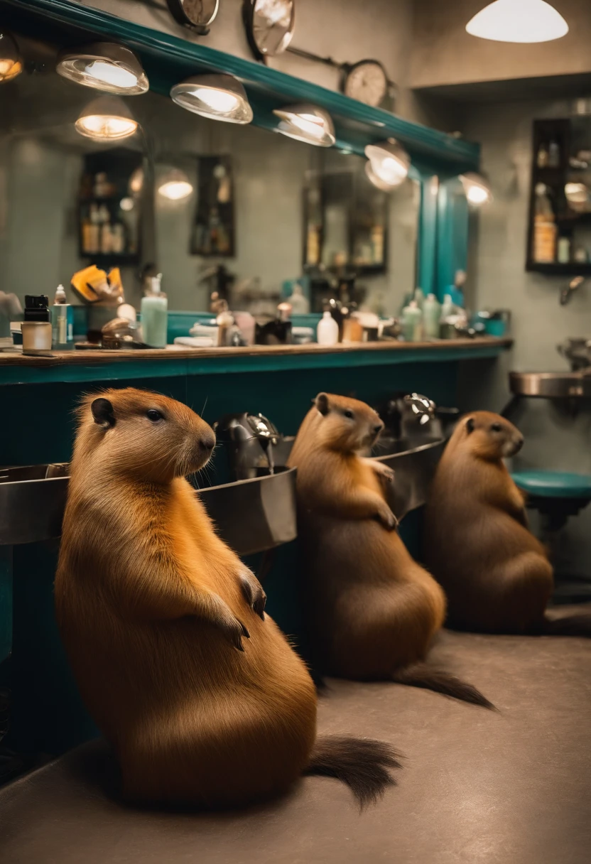 Capybaras sitting in a barbershop，Capybaras waiting for a haircut