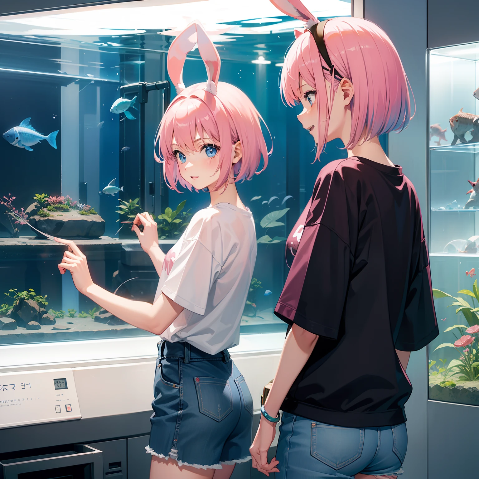 (Girls around 20 years old), Solo, (Pink bob hair), Blue eyes, Rabbit ears, Laughing, tshirts, denim skirt, (In the aisles of the aquarium), (View the fish tank), profile, From Side