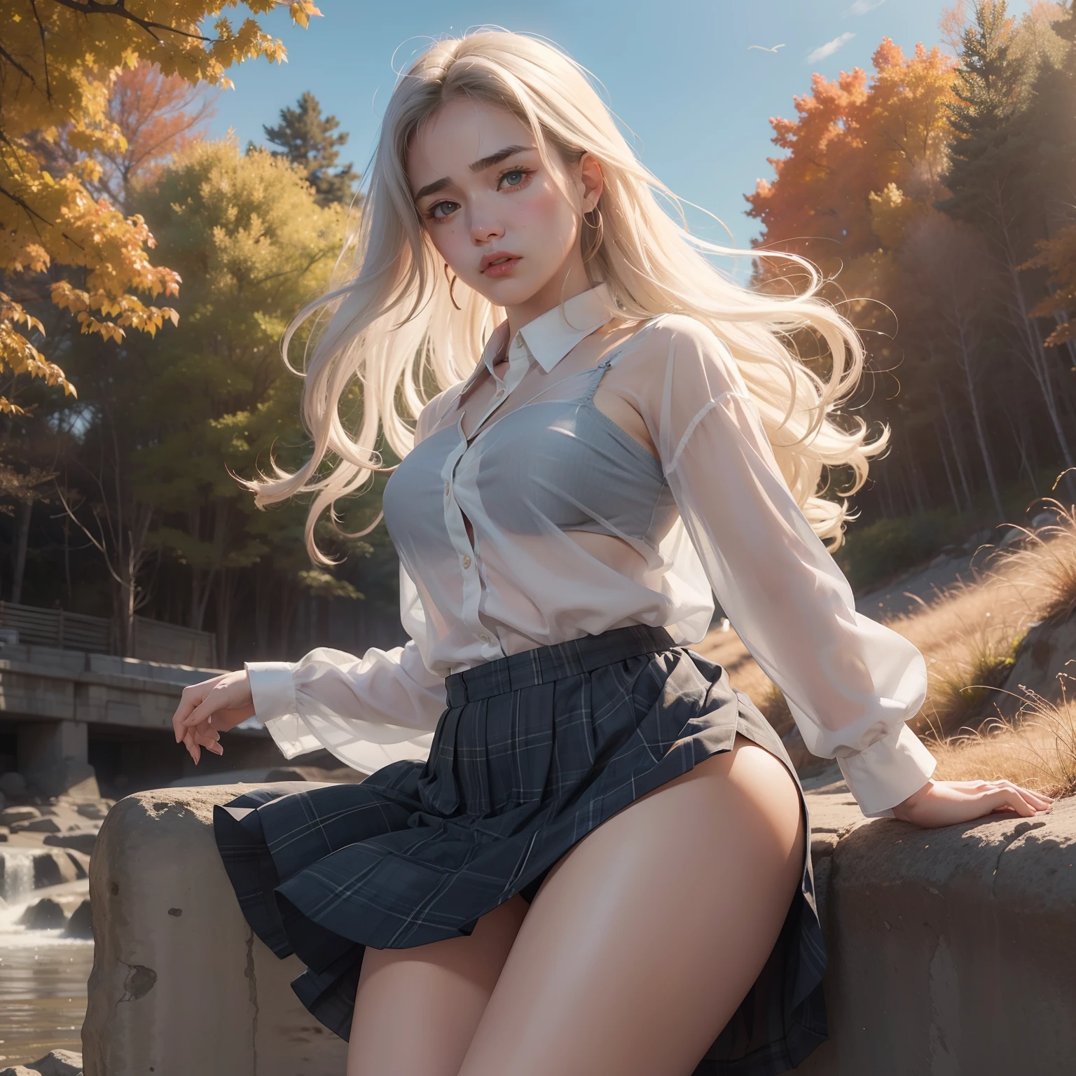 Similar to Jennifer Connelly、、Little fat girl、18year old、Bronze hair、Curly、Transparent cotton shirt、Angry face、Autumn landscape、Hair illuminated by the sun、Little fat woman、skirt by the、white hair、shorth hair、hightquality、a miniskirt、校服、tanned face、tiny chest、Underwear is visible from the skirt、A sexy、Sheer、 appearance、see -through、drooing eyes、sulky face、Best Quality, full-face blush. Plaid skirt and navy skirt, pantie shot, pov feet, Barefoot, Open your clothes. pile-driver. (thighs thighs thighs thighs).(Open your clothes)