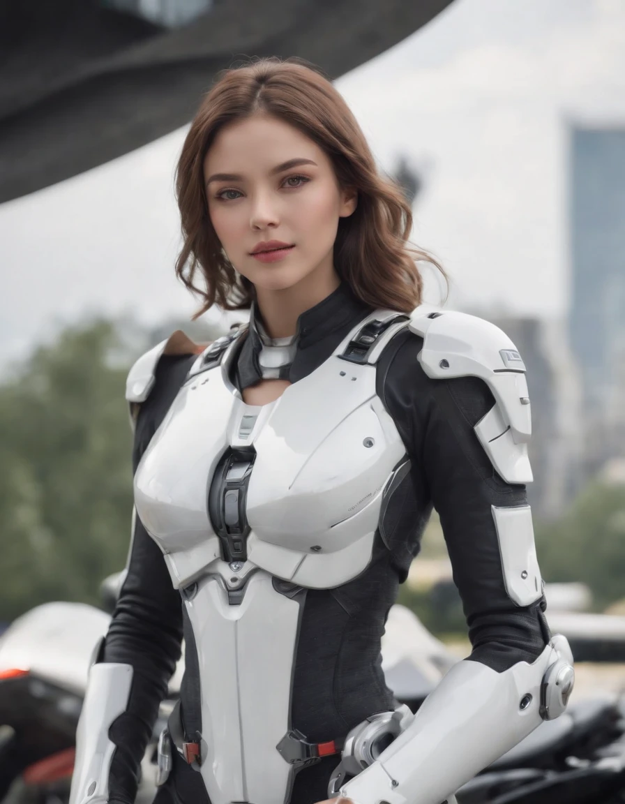 ((Best Quality)), ((Masterpiece)), (Detail: 1.4), Ultra High Resolution, (Realisticity: 1.4), Best Illustration, Favor Details, Highly Cohesive 1girl, with a delicate and beautiful face, wearing a white mech, wearing a mecha helmet, holding a direction controller, riding on a motorcycle, the background is a high-tech lighting scene of the future city.close up shot