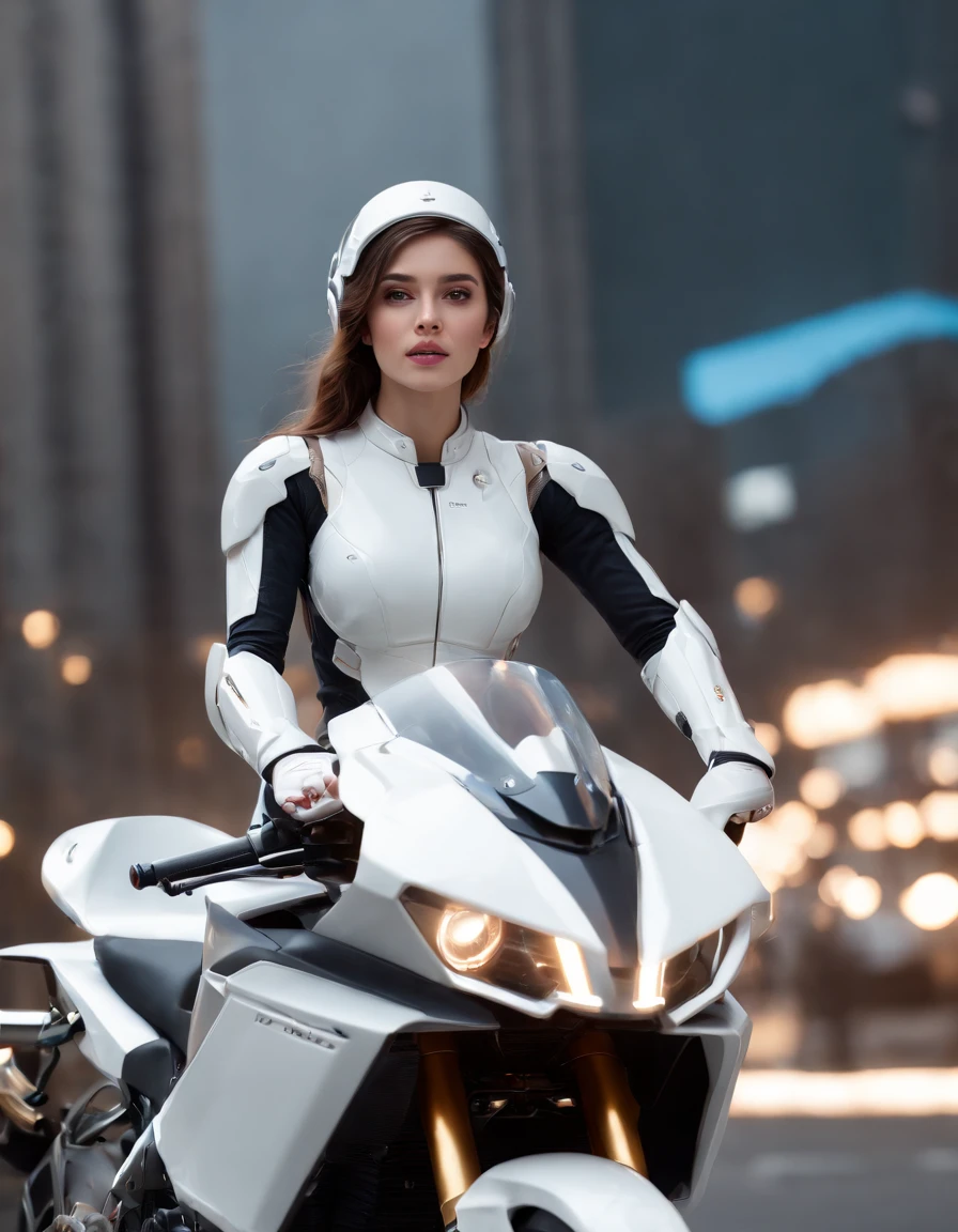((Best Quality)), ((Masterpiece)), (Detail: 1.4), Ultra High Resolution, (Realisticity: 1.4), Best Illustration, Favor Details, Highly Cohesive 1girl, with a delicate and beautiful face, wearing a white mech, wearing a mecha helmet, holding a direction controller, riding on a motorcycle, the background is a high-tech lighting scene of the future city.close up shot