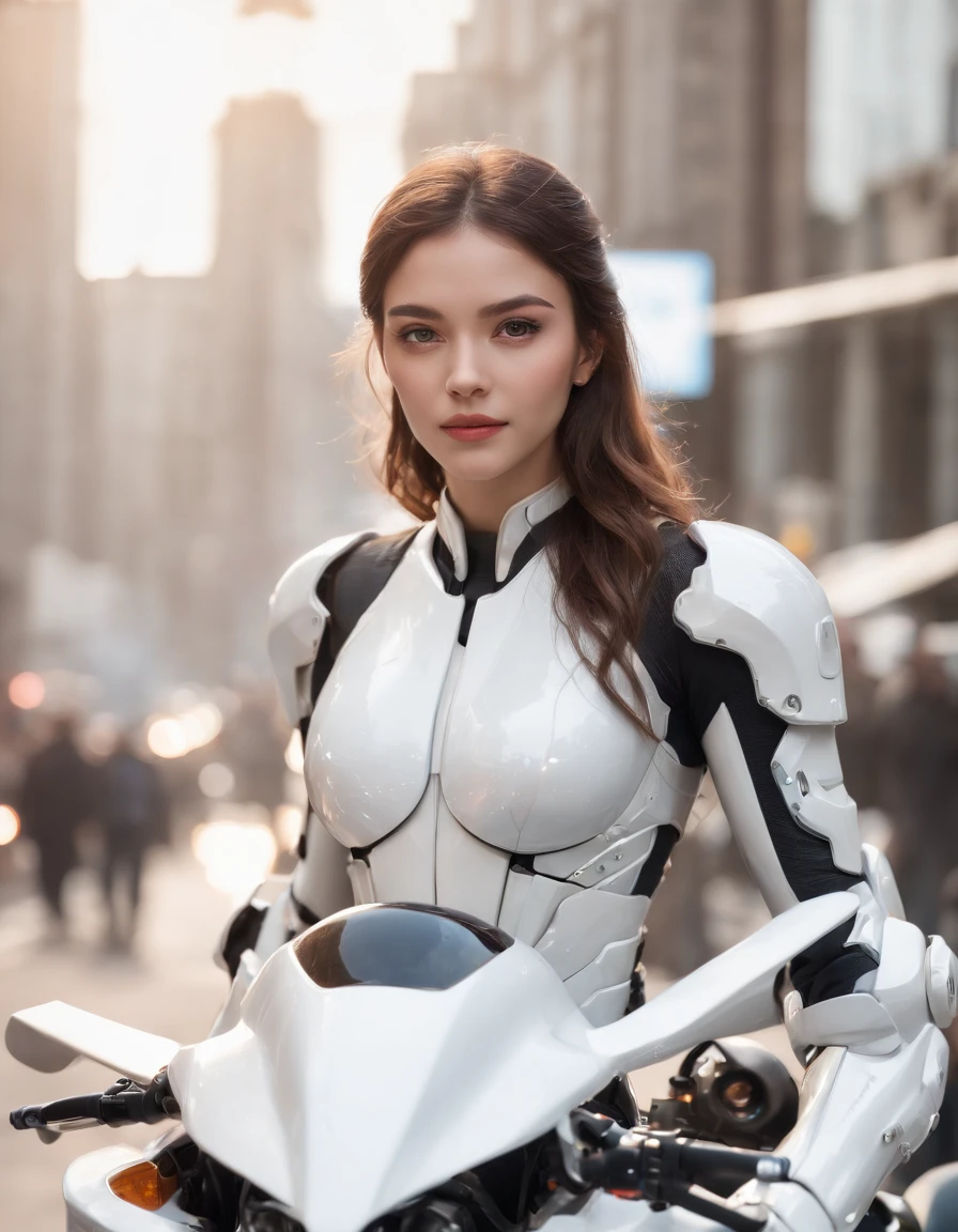((Best Quality)), ((Masterpiece)), (Detail: 1.4), Ultra High Resolution, (Realisticity: 1.4), Best Illustration, Favor Details, Highly Cohesive 1girl, with a delicate and beautiful face, wearing a white mech, wearing a mecha helmet, holding a direction controller, riding on a motorcycle, the background is a high-tech lighting scene of the future city.close up shot