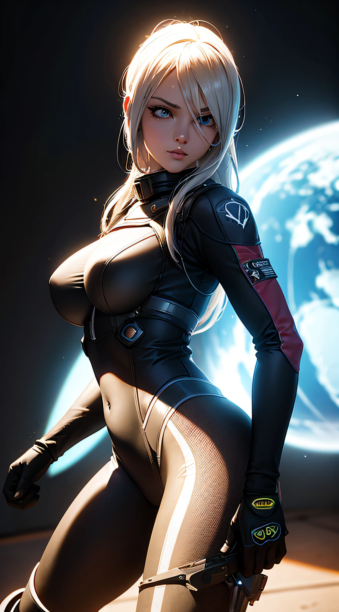 (bliss2) as a space pirate, hyper-sexualized spacesuit, laser pistol, alien planet background, 1970s sci-fi aesthetic, ultra quality, realistic light, realistic shadows, path tracing, ray tracing, radiosity, ambient occlusion, volumetric lighting, specular reflection, diffuse reflection, lumen reflections, glare, global illumination, realistic light, realistic shadow