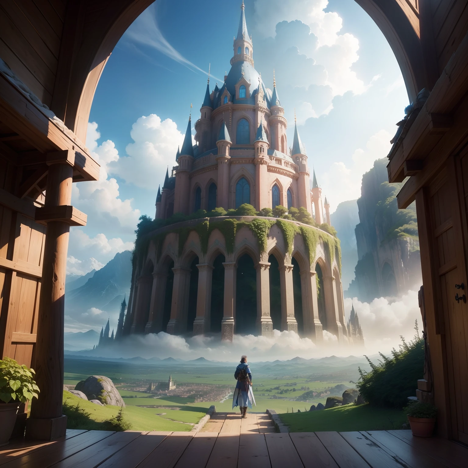 in isekai、Otherworldly、great outdoors、Great view、𝓡𝓸𝓶𝓪𝓷𝓽𝓲𝓬、Fantasy world、Dynamic、SFart by、top-quality、masterpiece、超A high resolution、Fantastical、mystical、Huge fantastic、Huge building
