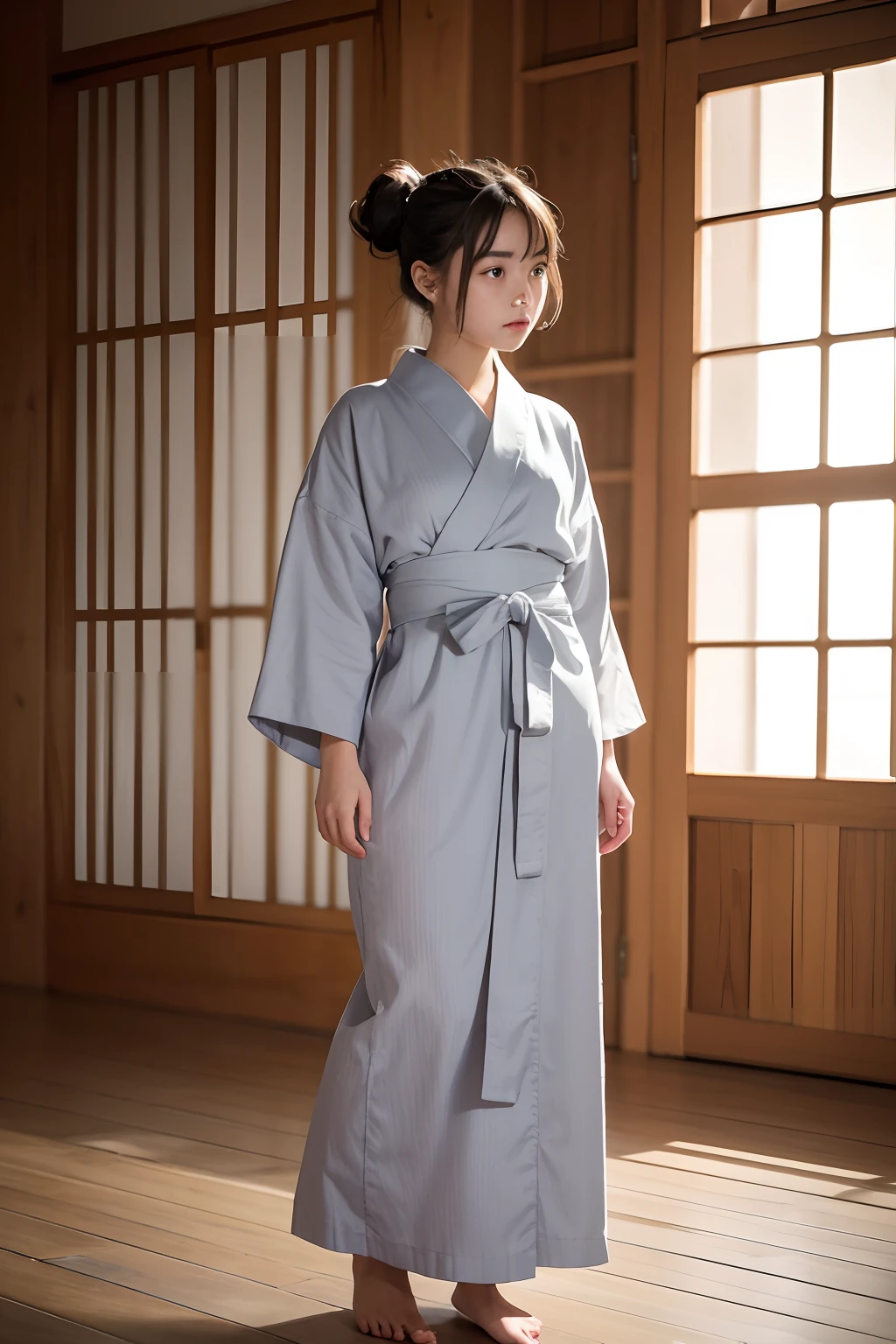 ((Masterpiece,Best quality, high resolution)), 1girll, Solo, The light is gentle,1 girl in a gray yukata,(white sash),(burlap),(Female prisoners),With a petite figure,brunette color hair,hair-bun,Stand in a gloomy prison,stand posture,Full body like,agony,streaming tears,Clothing covers the whole body,folds,solid color backdrop