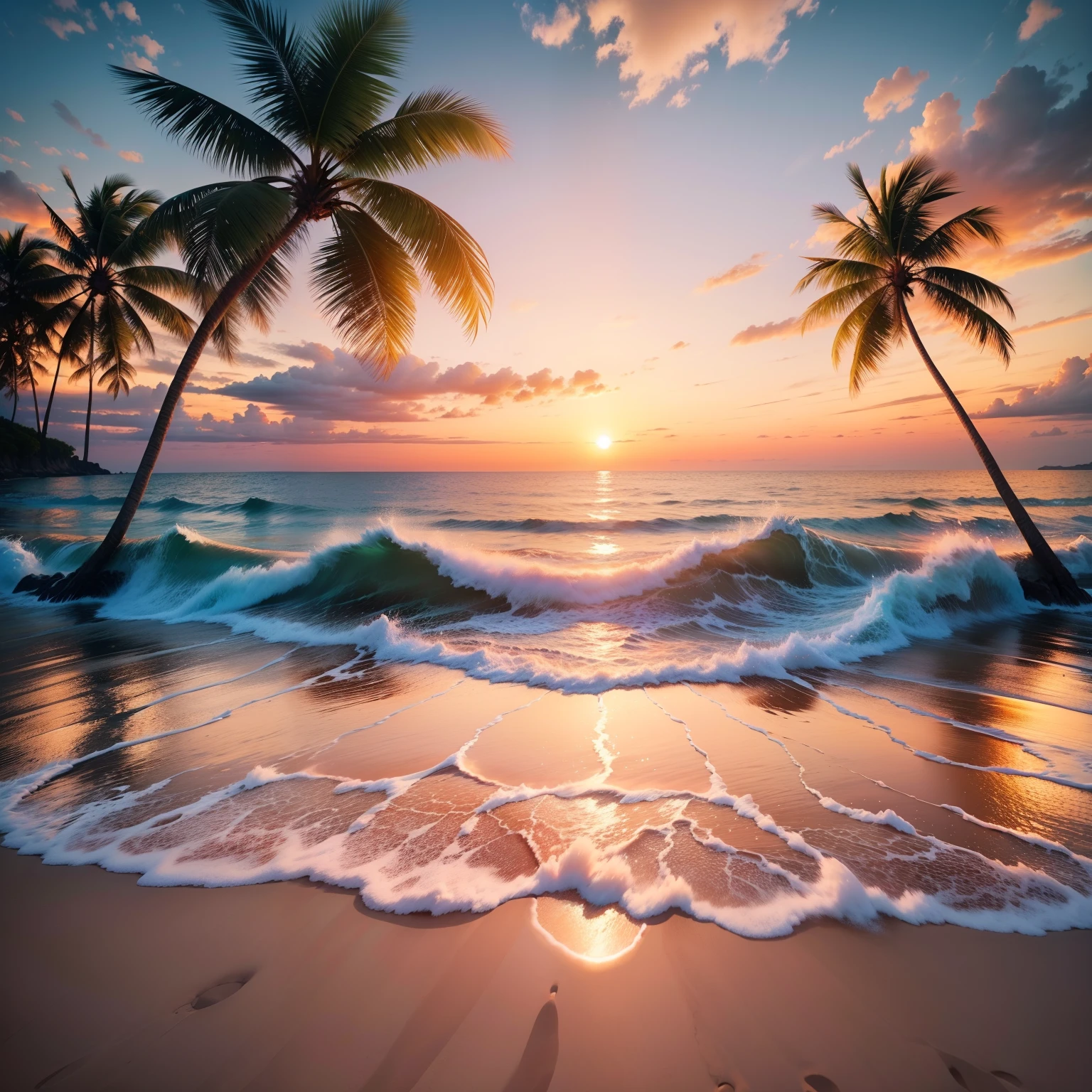 Beach with beautiful sunset view、top-quality、​masterpiece、HD image quality、great outdoors、𝓡𝓸𝓶𝓪𝓷𝓽𝓲𝓬、Palm trees、heaven、in isekai、