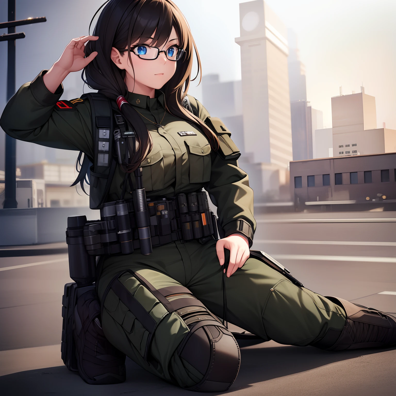 best quality,4k,8k,highres,masterpiece:1.2),ultra-detailed,realistic,photorealistic:1.37,tactical gear woman,military uniform,necklace,medium chest,profile picture,combat boots,utility belt,protective eyewear,camouflage pattern,vivid colors,sharp focus,strong posture,confident expression, profile picture, black background