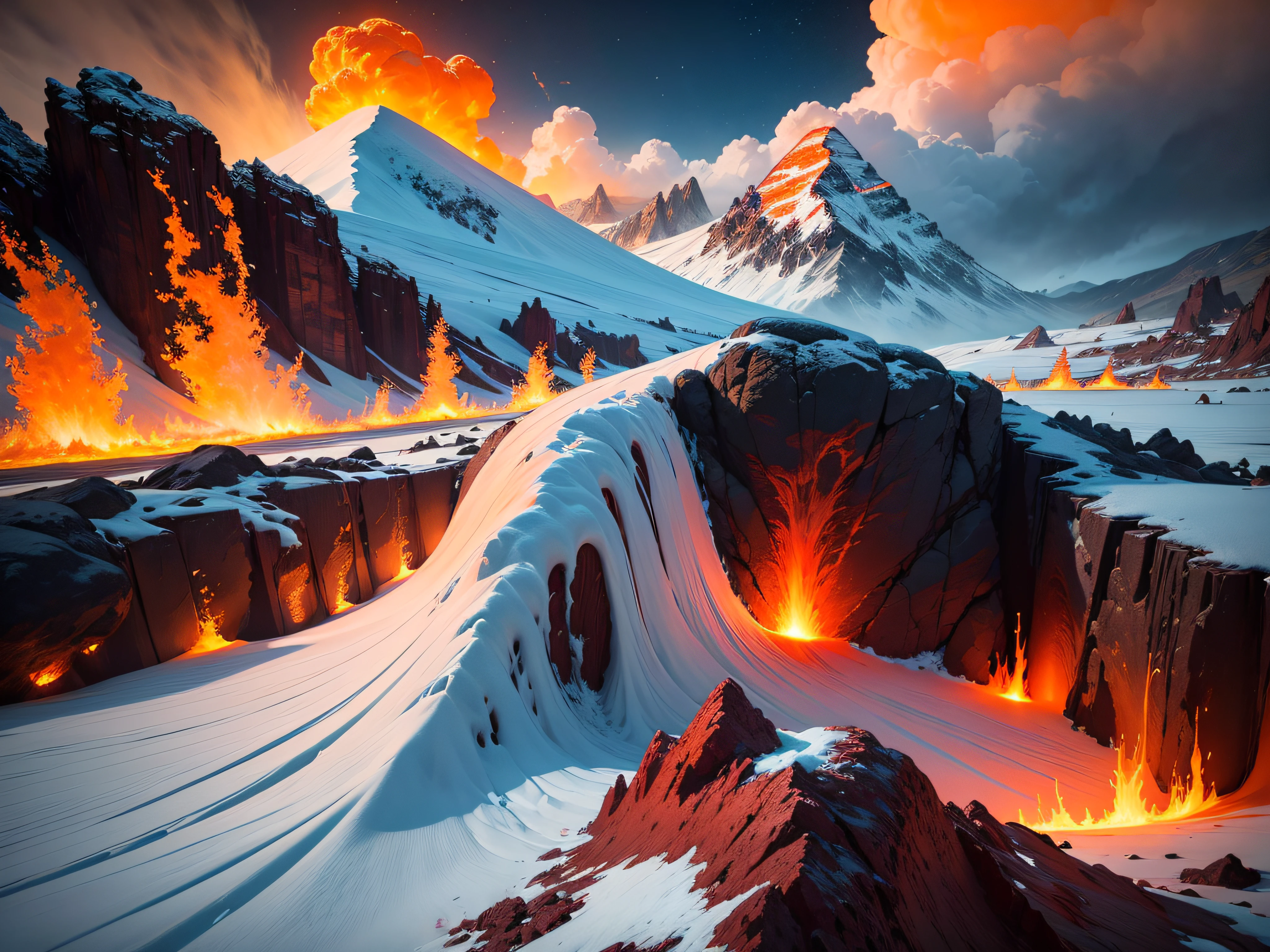 (bright, vibrant),luminous orange-red fiery embers,Molten magma,burning hot lava pouring down from the erupting volcano,vivid blue-white snow-capped peaks,glowing red and yellow molten rocks,contrast between scorching heat and icy cold,smoke and ash rising into the sky,majestic mountain range,harsh and unforgiving natural elements,striking visual spectacle,raw power and destructive force,nature's fury and beauty intertwined,awe-inspiring display of nature's might,magical and otherworldly scenery,extreme temperatures and textures,frozen glaciers contrasting with fiery lava flows,dynamic and ever-changing landscape,ominous yet captivating atmosphere,majestic clash of fire and ice,breathtaking juxtaposition between two opposing forces,contrast between the vibrant colors of the lava and the pure white of the snow,fierce and untamed environment,hauntingly beautiful and dangerous mountaintop scene.