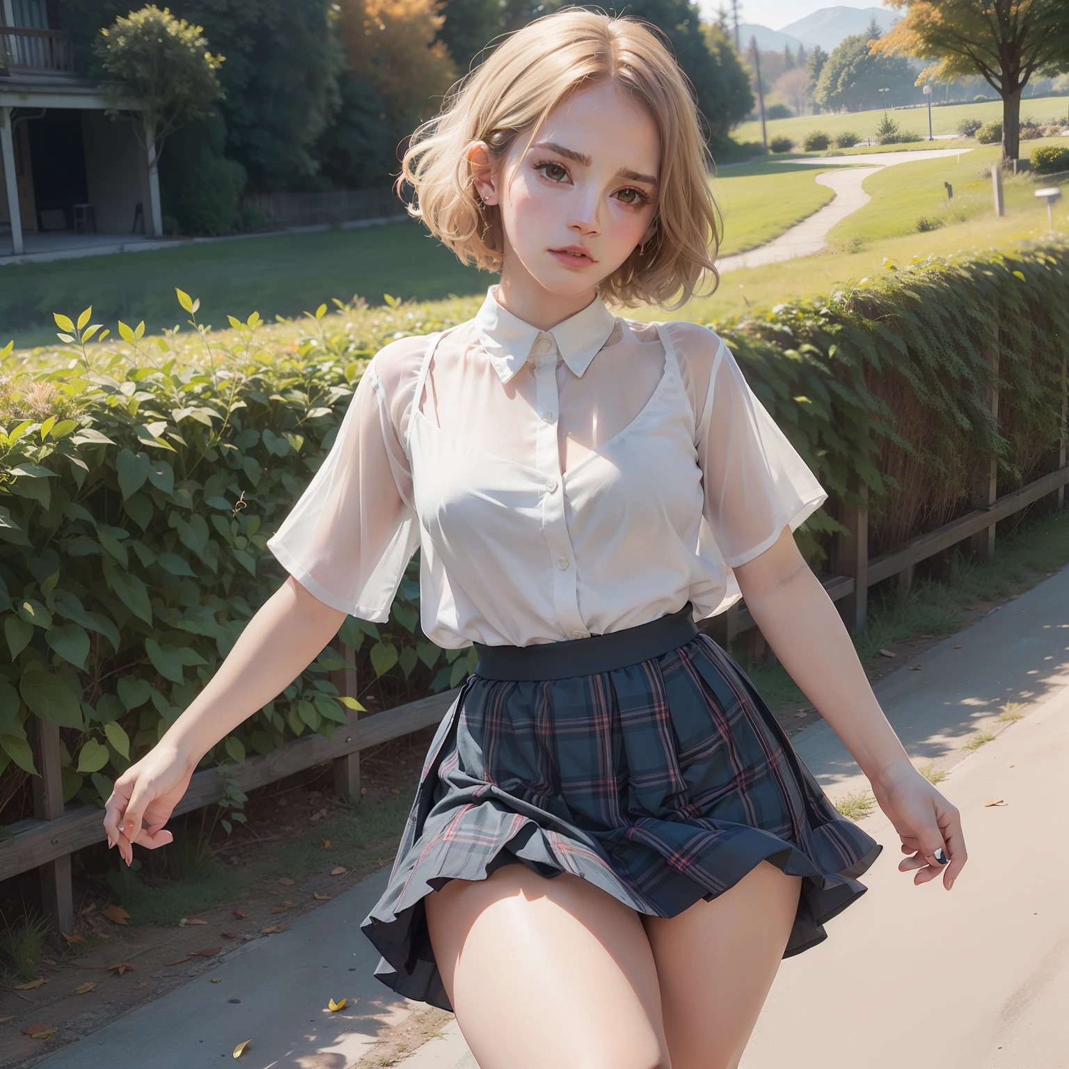 Emma Watson atmosphere、Very short hairstyle、Little fat girl、18year old、Bronze hair、Curly、Transparent cotton shirt、Angry face、Autumn landscape、Hair illuminated by the sun、Little fat woman、skirt by the、white  hair、shorth hair、hightquality、a miniskirt、校服、tanned face、tiny chest、Underwear is visible from the skirt、A sexy、Sheer、 appearance、see -through、drooing eyes、Short hairstyle、Little fat girl、sulky face、Best Quality, full-face blush. Plaid skirt and navy skirt, pantie shot, pov feet, Barefoot, Open your clothes. pile-driver. (thighs thighs thighs thighs).(Open your clothes)