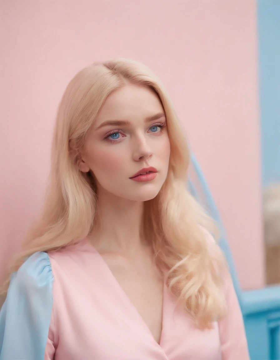 Market, neopop, pastel colors, by jimmy marble, portrait, Blonde long hair, straight hair, pink clothing, straight hair, blue eyes, Barbie (upper body)