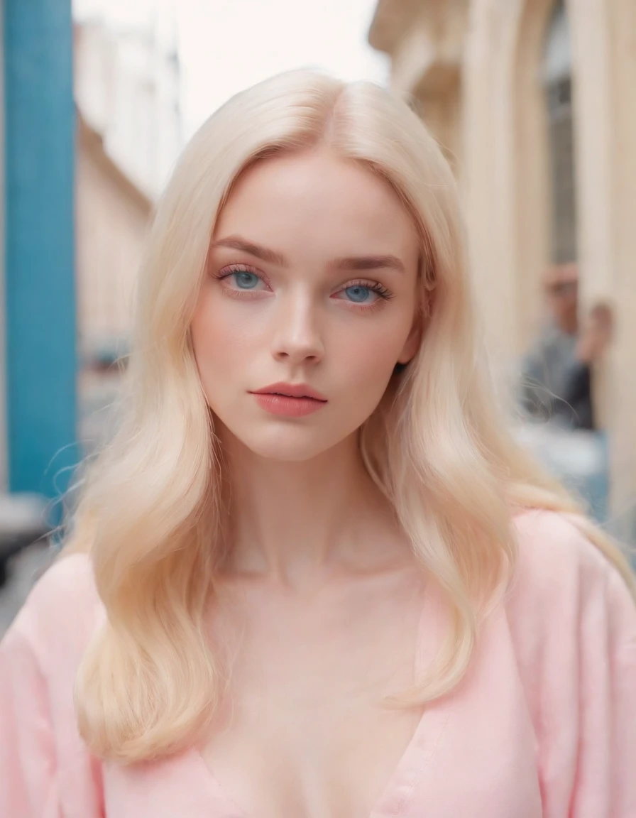 Market, neopop, pastel colors, by jimmy marble, portrait, Blonde long hair, straight hair, pink clothing, straight hair, blue eyes, Barbie (upper body)