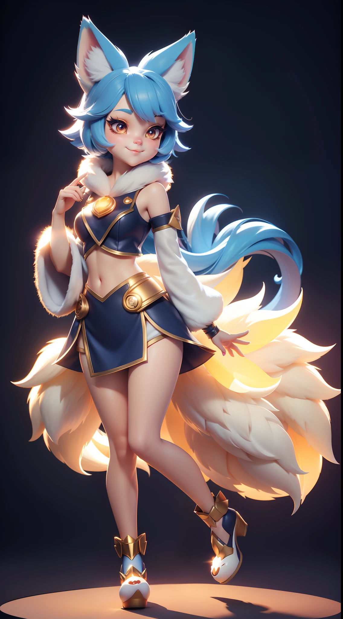 lens flare glow，Cute fox makeup，Fluffy little fox，White fur，Thin waist narrow waist，fox ear，paw shoes，The look of the kawaii，Flat-chested little sister，slimfigure，ssmile，Navy blue hair，Golden pupils。Attractive 3D Vector Art。in woods