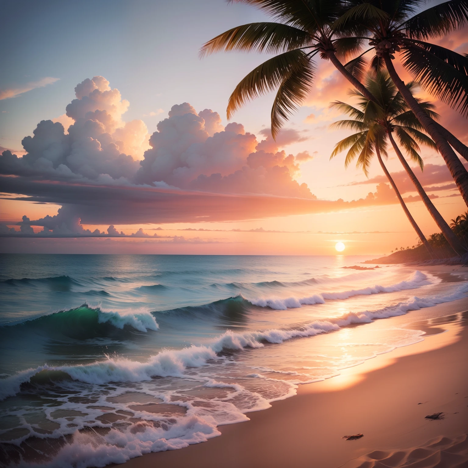 Beach with beautiful sunset view、top-quality、​masterpiece、HD image quality、great outdoors、𝓡𝓸𝓶𝓪𝓷𝓽𝓲𝓬、Palm trees、heaven、in isekai、