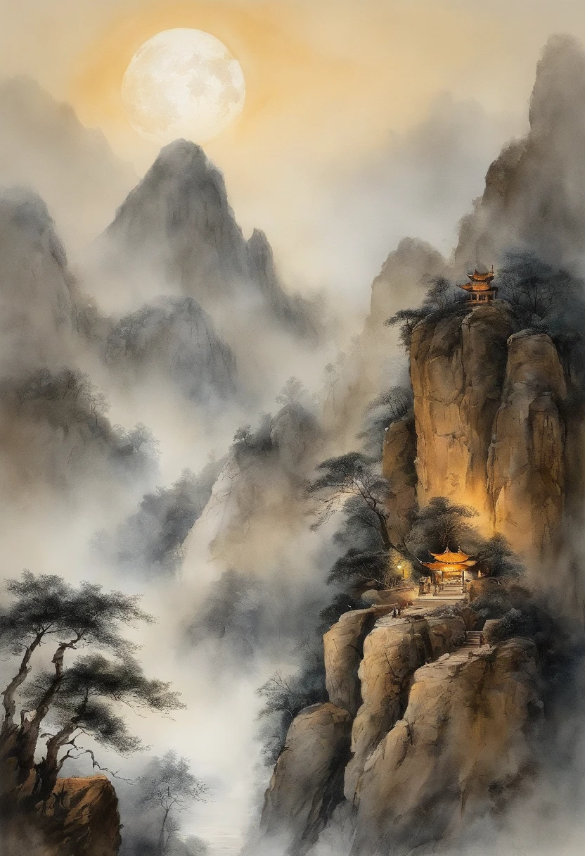 （Tang Feng），（A cliff illuminated by a huge moon），Ultra-long-range viewing angle，No Man，scenecy，the detail