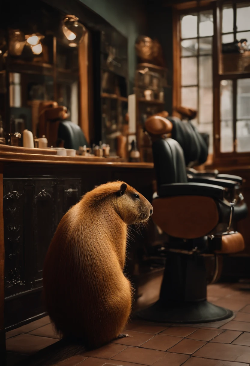 Capybaras sitting in a barbershop,Capybaras waiting for a haircut,Barber salon,High-end barbershop,The right capybara limb