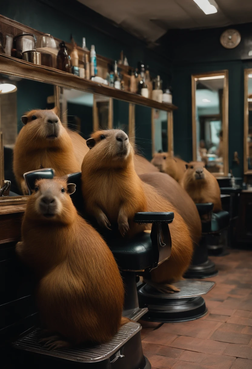 Capybaras sitting in a barbershop，Capybaras waiting for a haircut，Barber salon，High-end barbershop，The right capybara limb