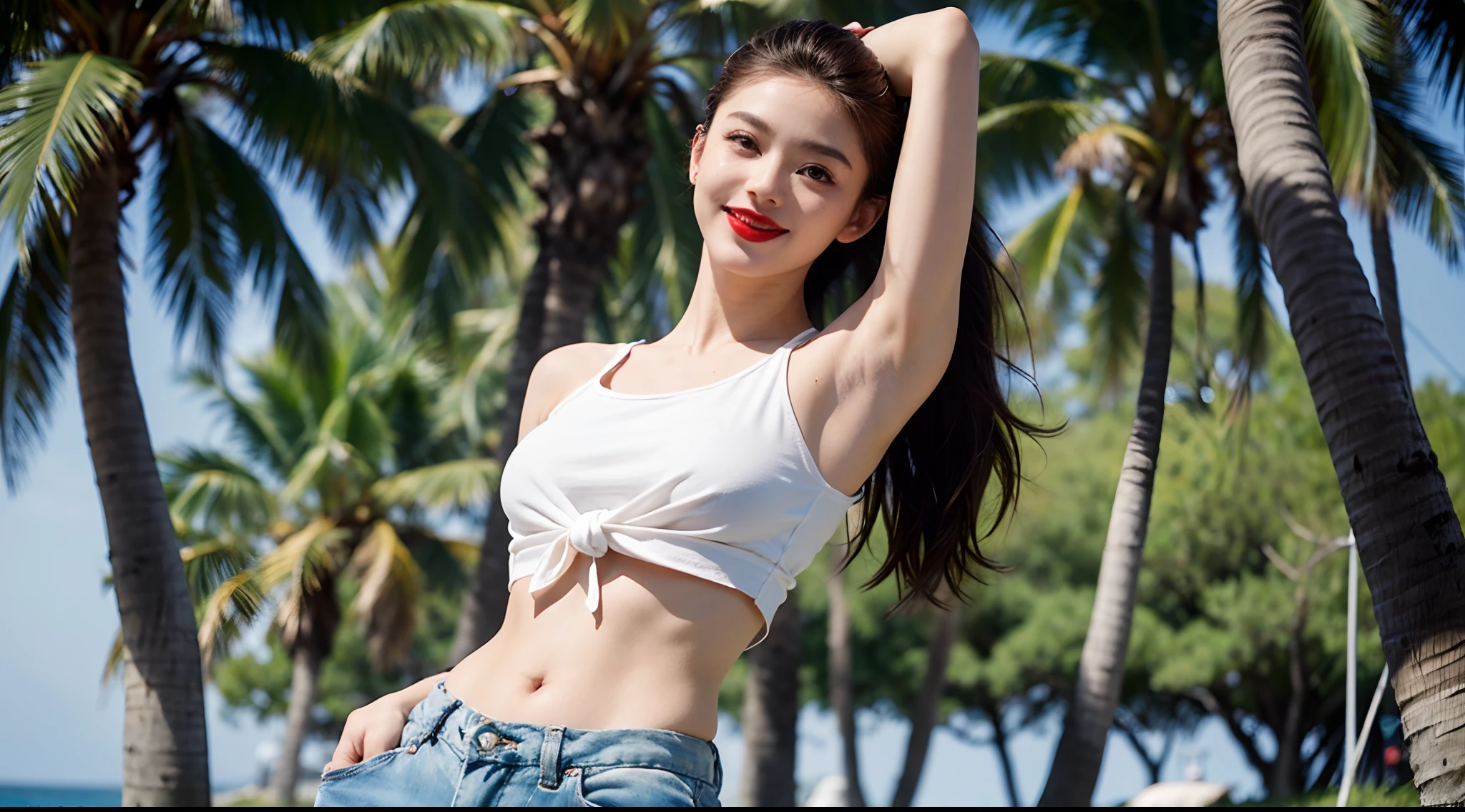 (sunny weather), (There must be only one woman on screen), (beach, beach, waves and palm trees), (The bottom part of the woman's white tank top is tied so her belly button is visible), (white t-shirt and torn shorts), (Huge breasts, very f size, hanging down on her chest as if),、Korean idols in their 20s, Hide with one hand、Raise your hand with one hand to show your armpits、showing armpits、hyper realistic underarm、Underarms、navels、Detailed armpit wrinkles、Finely fine the pores of the armpits、Realistic underarm skin、Black armpit skin、Black armpits、Armpit posture、Sorrisos、Full-body armpits standing facing the audience、Both armpit marks、Hide with one hand、Stand up straight, facing straight ahead、showing armpits、, (Hight Resolution), (8K), (ighly in detail), (The best illustrations), (Armpit posture、Raise your hand with one hand to show your armpits、beautiful delicate eyes), (Top  Quality), (extremely highly detailed), (​masterpiece), (wall paper), (Detailed face、red lipsticks), (A Smile、((40 years,red lipsticks,femele,Realistic armpit markings))、Brown hair,high-ponytail Hairstyle, showing armpits、In small white panties、Show me your belly button)), Japanese people,(Slim Body、tiny)